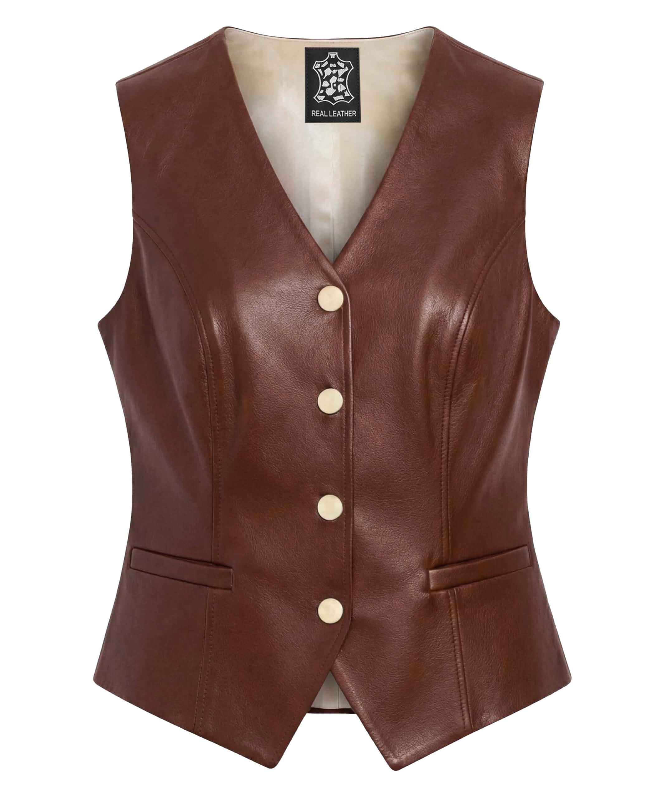 Women's Real Leather Biker Vest - Sleeveless Style Leather Vest Button Closure, Sleeveless Vest, V Neck Vest, Casual Vest, Motorcycle Vest