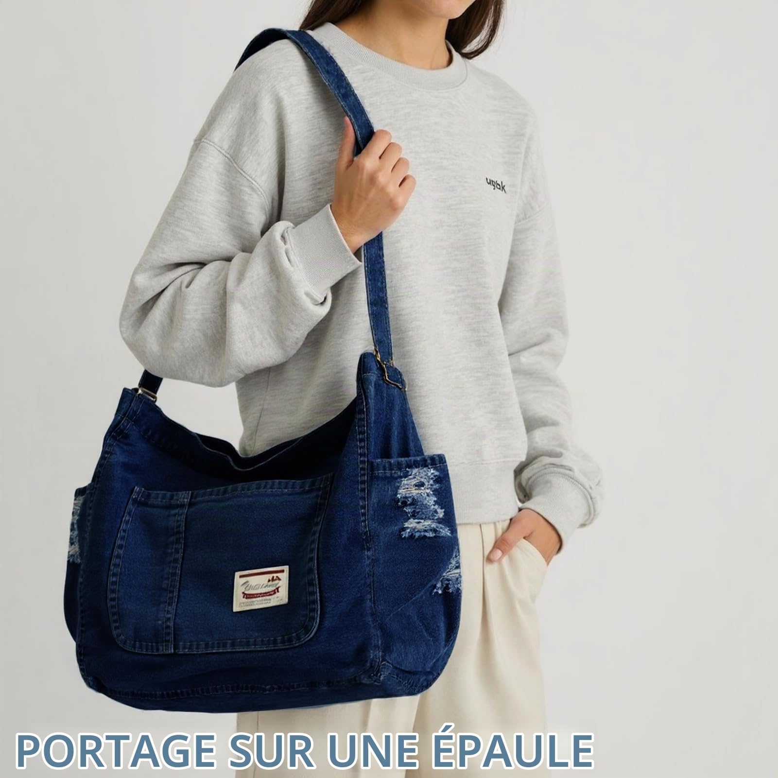 Sac en Jean Femme Cabas Bandoulière Fourre-tout Tote Bag | En Denim, Grand Capacité, Léger, avec Bandoulière Ajustable et Poche Intérieure , pour Shopping Voyage