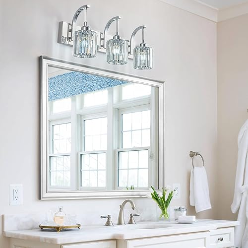Miniatura 7 de Lámpara de tocador de cristal de 3 luces, moderno aplique de pared de baño cromado con pantallas de cristal K9, iluminación de espejo de 23.62