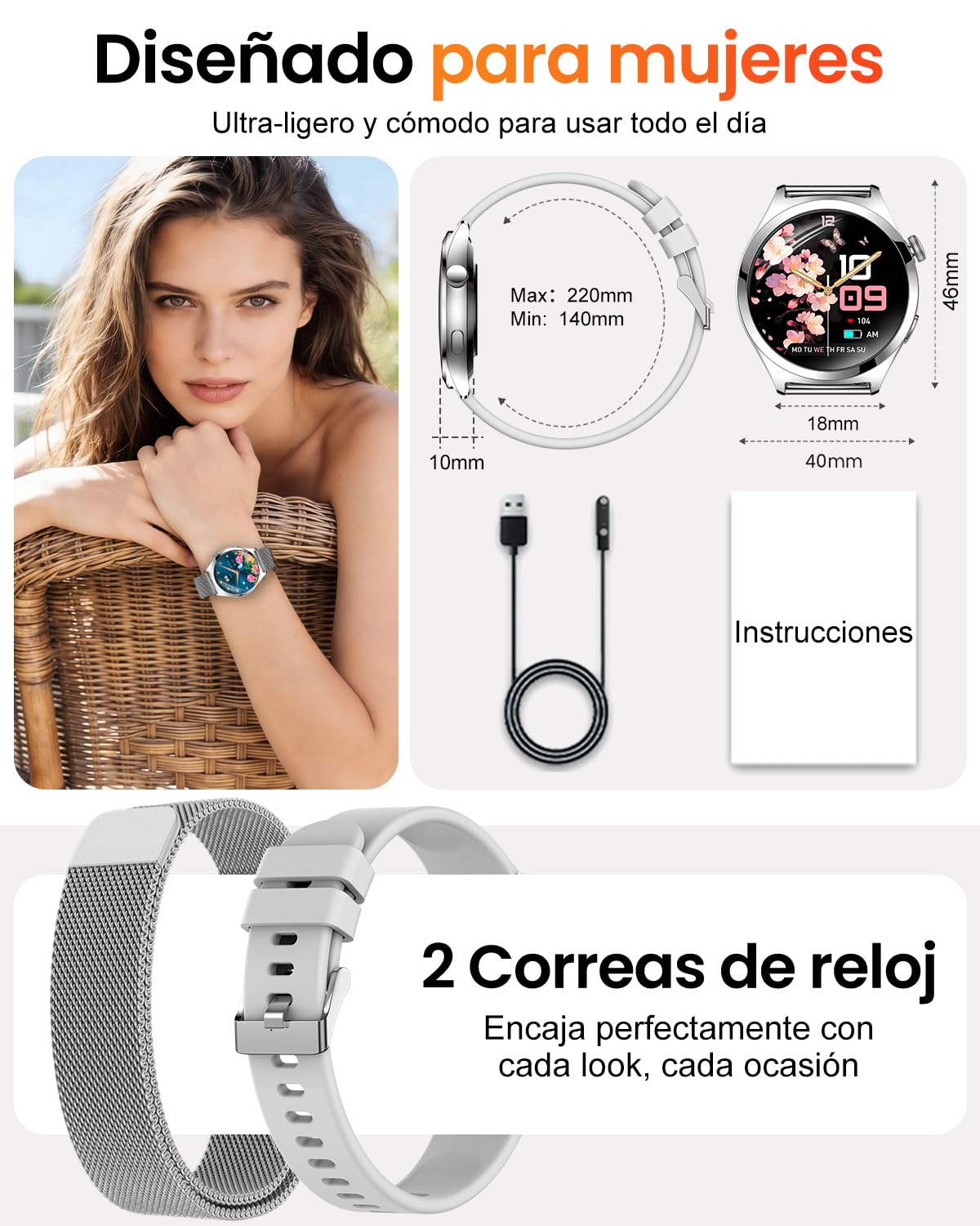 Reloj Inteligente Mujer Llamadas, Pantalla Curva HD de 1,27", Plata | Monitor de Frecuencia Cardíaca SpO2 Sueño, 120+ Modos Deportivos, Podómetro, IP68 Smartwatch Mujer, Android iOS, 2 Correas
