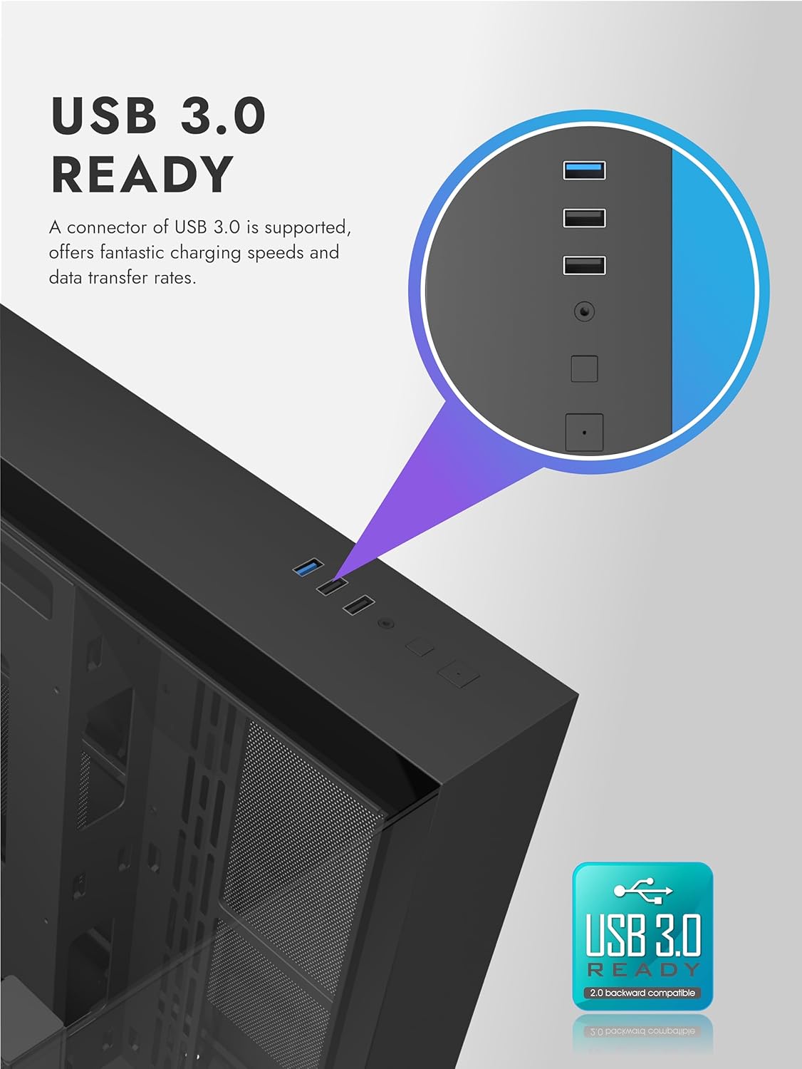 Close-up of darkFlash TH285 top I/O panel with USB 3.0, USB 2.0, and audio ports
