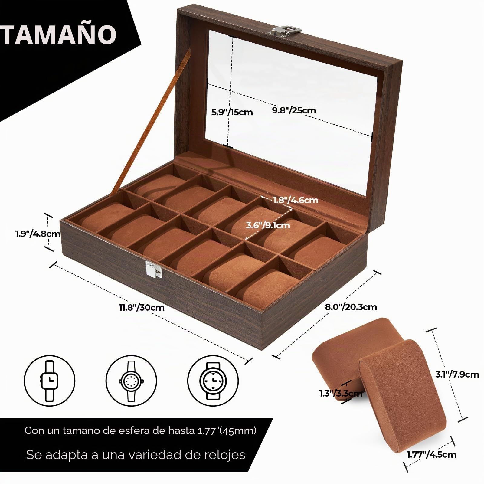 Caja Relojes con 12 Compartimentos, Ohuhu Caja para Relojes con Tapa de Cristal y Cojín ExtraíbleRegalo para Cumpleaños Día del Padre Navidad
