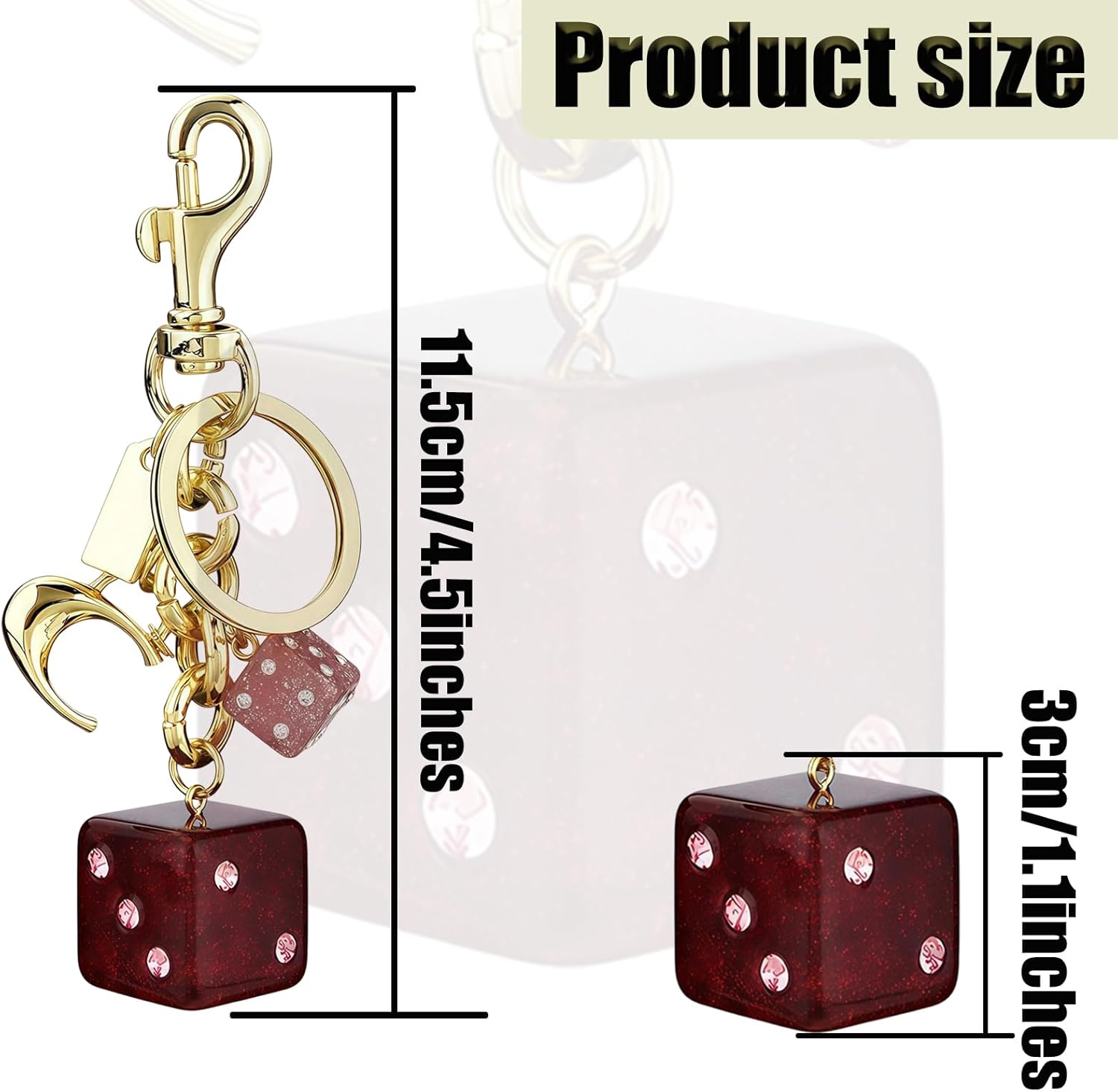 2 pack Dice Crystal Drip, Red Alloys Dice, Handbag Bag Pendant Key Chain, Crystal Women Fashion Charm, Valentine's Day Gifts for Him - Image 2