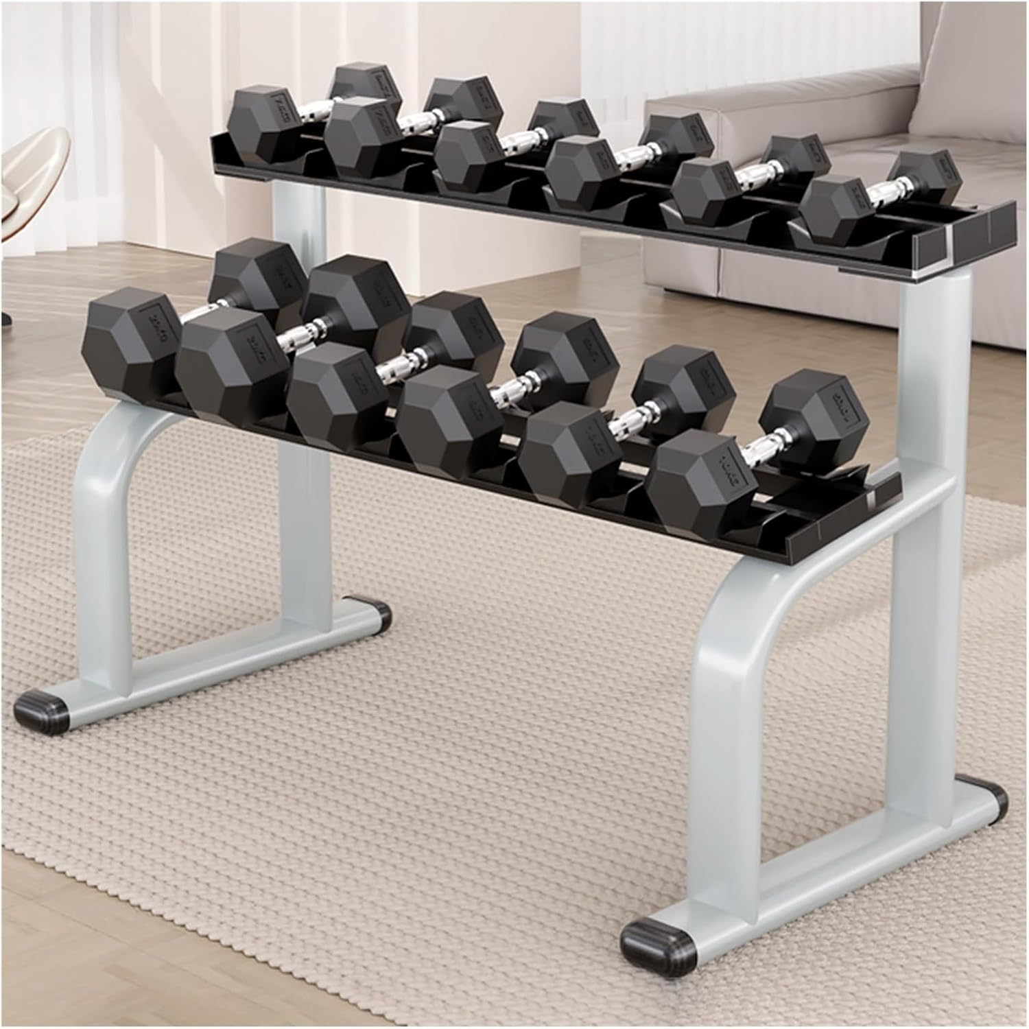 XSLRYH 210kg Rubber Hex Dumbbell Set with 2-Tier Storage Rack | 6 Pairs 5-30kg Gym Home Weight Set