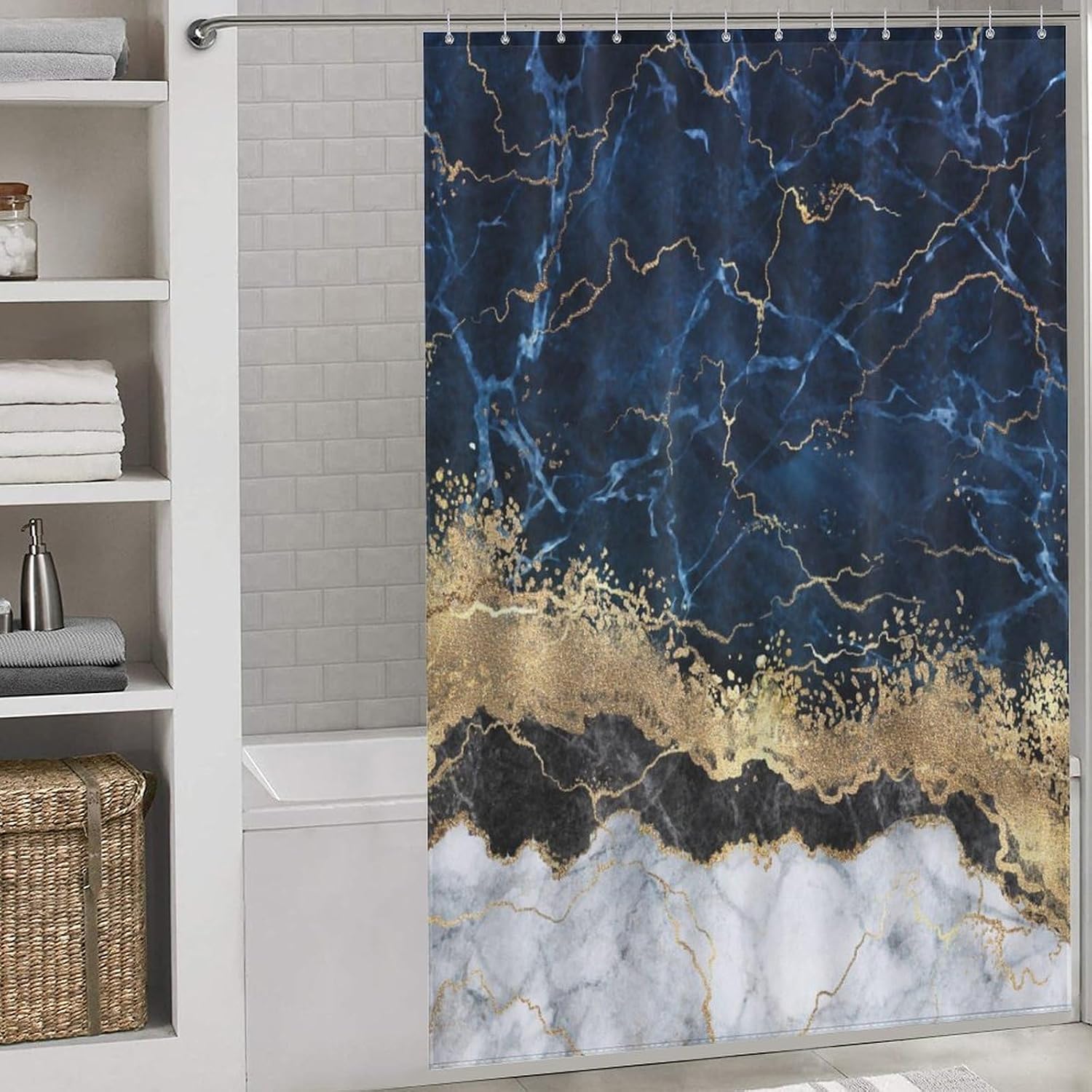 Marble Shower Curtains for Bathroom, Modern Luxury Foil Cracked Texture Navy Blue Gold Marble Home Decor Waterproof Polyester Fabric Bath Shower Curtain with 12 Hooks 60x72Inch（152x183cm）