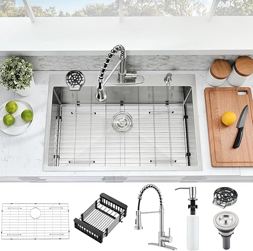 Fregadero de cocina de 33 x 22 pulgadas con grifo Fregadero de cocina de acero inoxidable con lavadora de tazas, fregadero de cocina de un solo