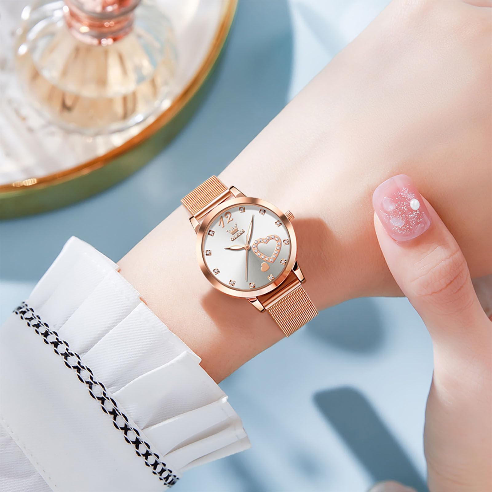 OLEVS Roségold Damenuhr Edelstahl, Lässig Klein Armbanduhr Damen Wasserdicht, Moderne Analog Uhr Damen mit Mesh Armband, Ultradünne Damen Uhr mit Diamant Herz
