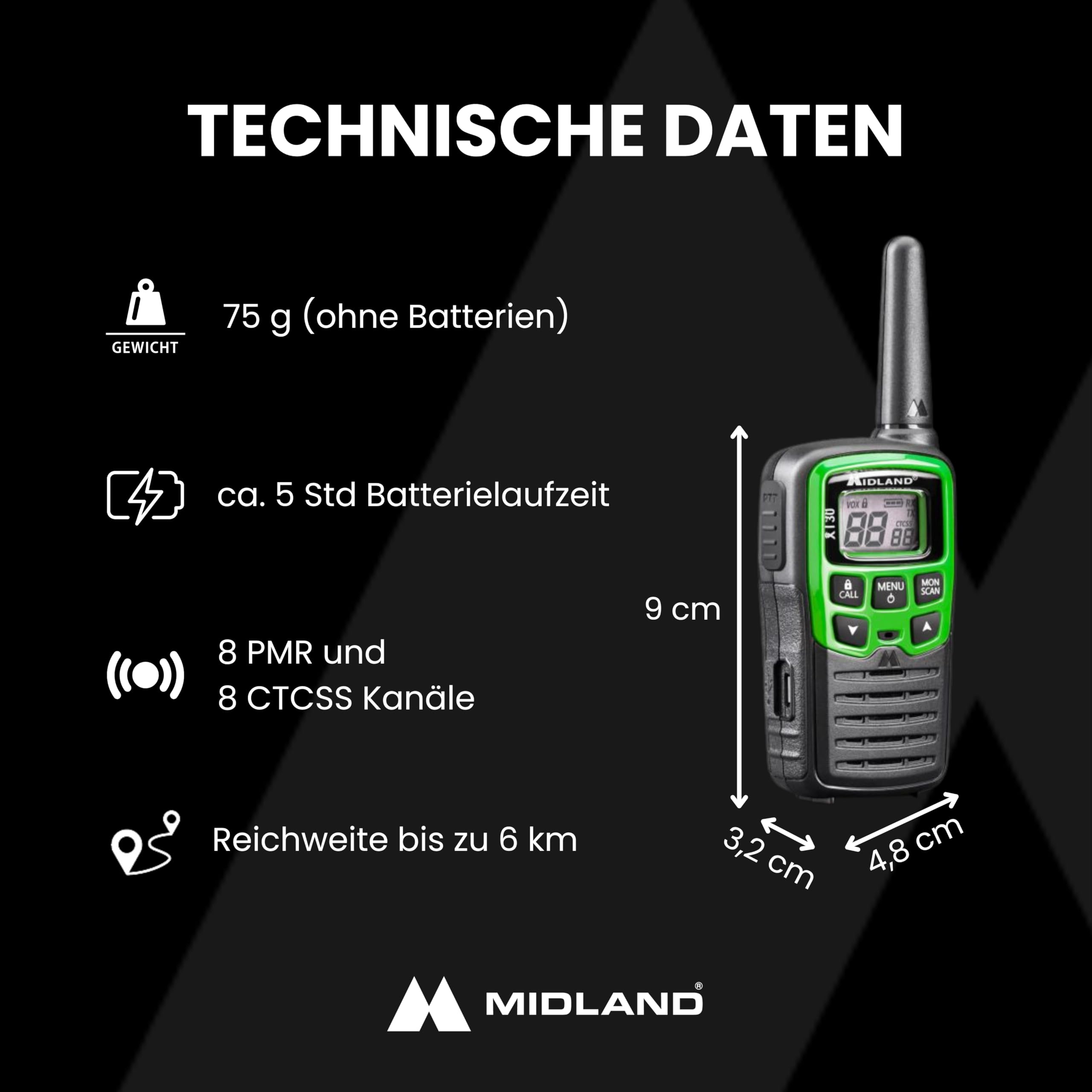 Midland XT30 PMR-Funkgerät mit Akku & Ladekabel, 6 km Reichweite, 16 Kanäle, VOX-Funktion, Walkie Talkies mit hervorragender Sprachqualität, Paar, grün