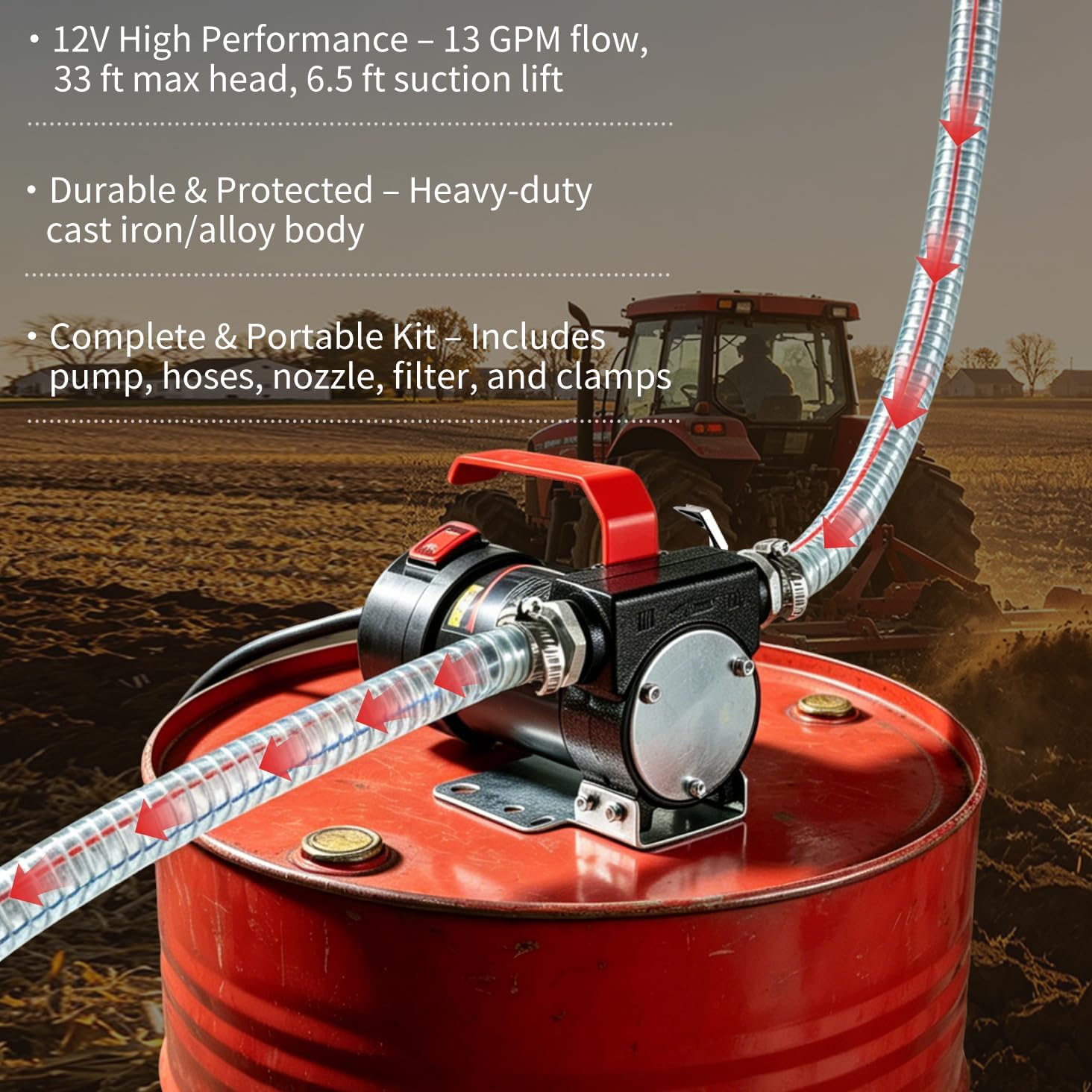 Diesel Transfer Pump, 12 Volt Fuel Transfer Pump with Nozzle Hoses for Transferring Diesel, Kerosene, Machine Oil, Self Priming DC Fuel Pump Kit