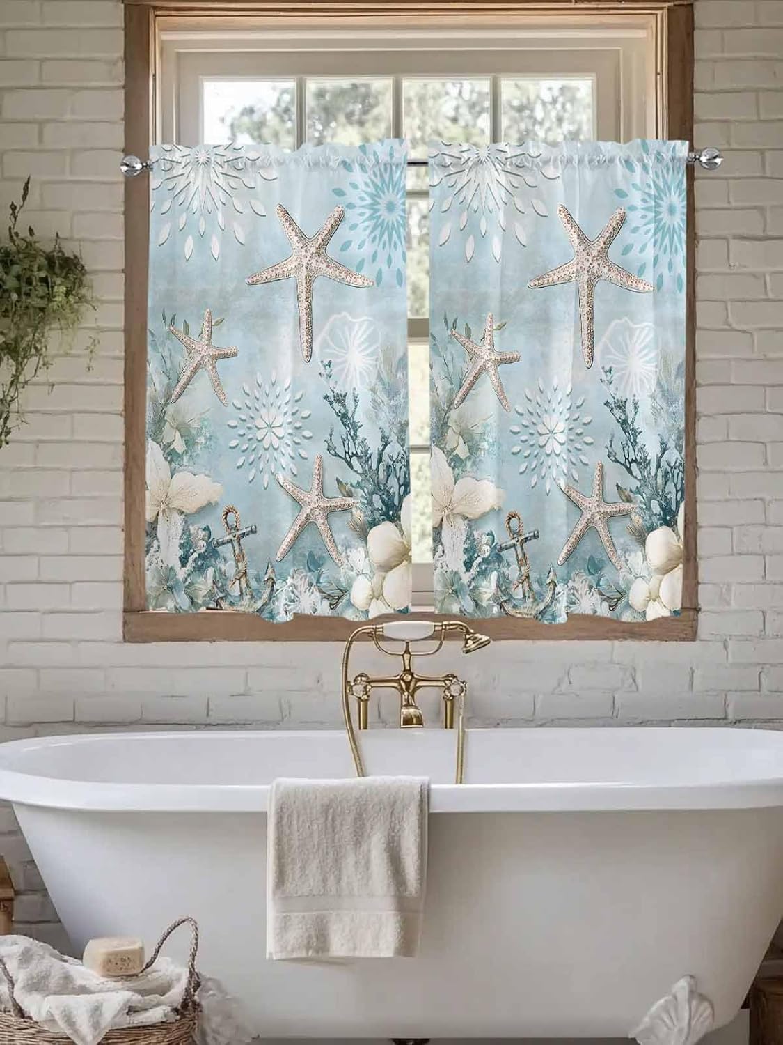 Teal Ocean Coastal Kitchen Curtains 54 Inches length, Summer Beach Window Treatment Curtain Drapes, Nautical Coral Starfish Thermal Insulated Drapes for Basement Hotel RV, 42"x54", 2 Panels