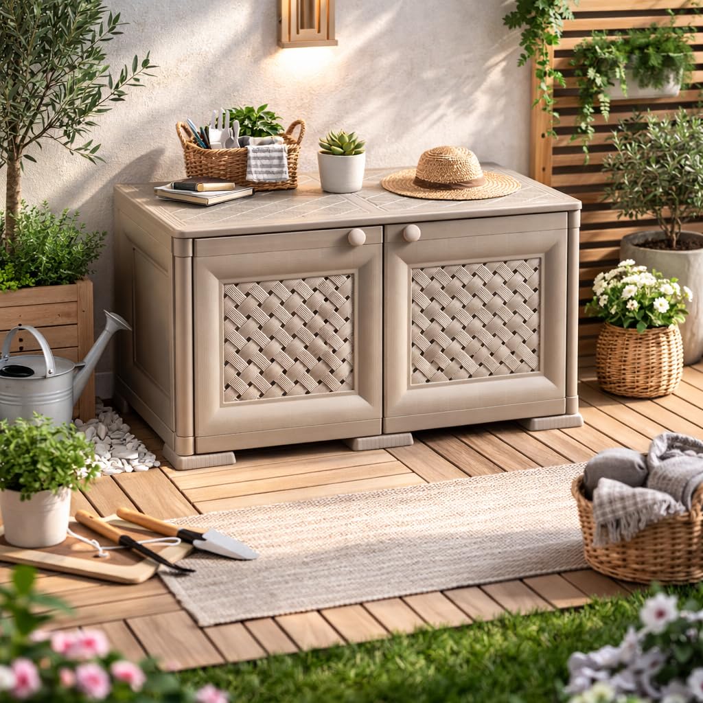 Armadio Contenitore in Plastica con Ante Traforate – Mobile Decorativo per Organizzazione Casa e Zona Living (Taupe, 79 x 43 x 46 cm)