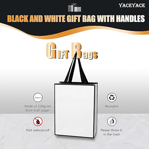 Miniatura 5 de YACEYACE Bolsas de regalo blancas y negras, 10 bolsas de regalo de tamaño mediano de 8 x 4.25 x 10.5 pulgadas con asas de cinta a granel, bolsas de