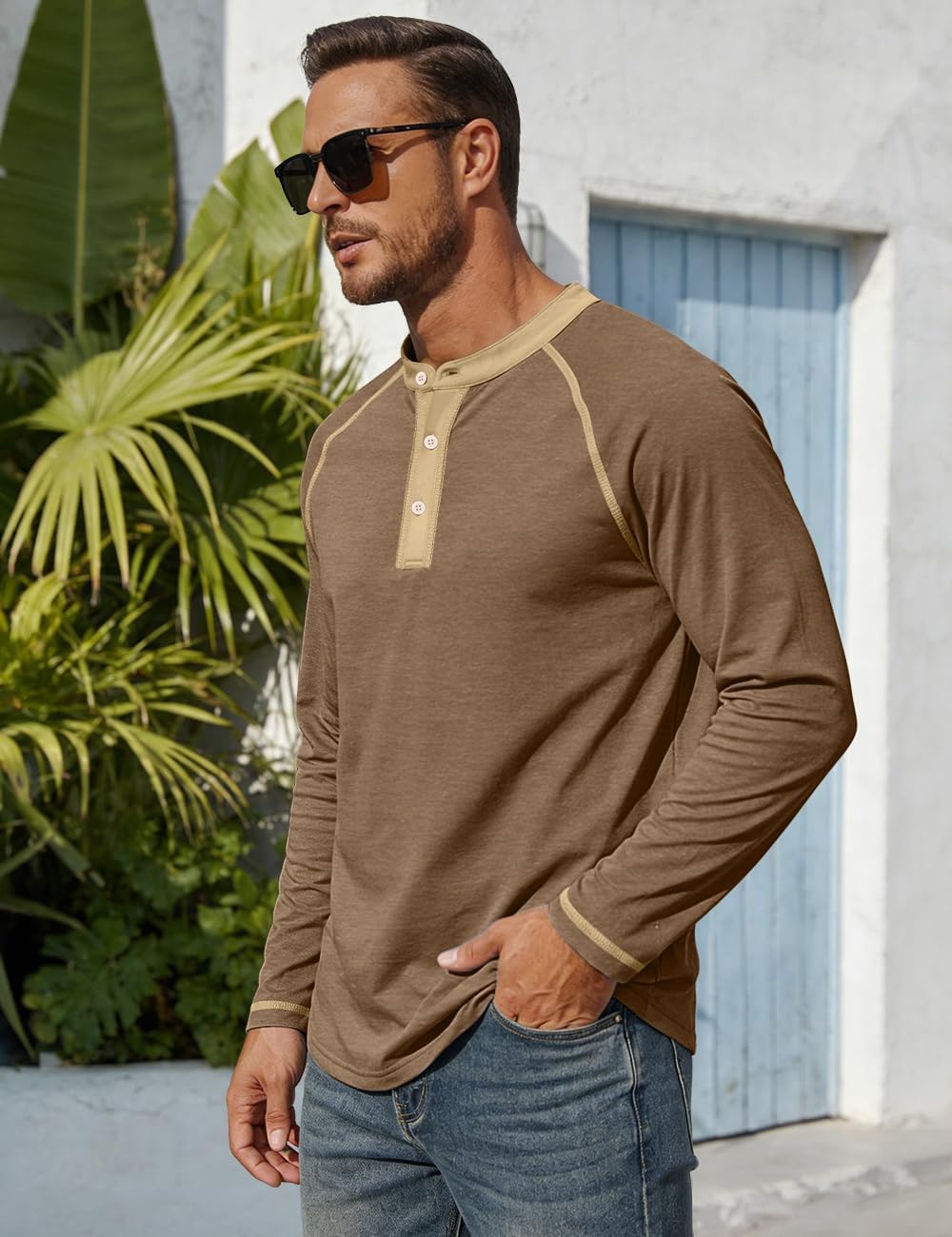 Men's Henry Long Sleeved T-Shirt Cotton Casual Button Lightweight Pullover Shirt Soft Stretch Tees Tops