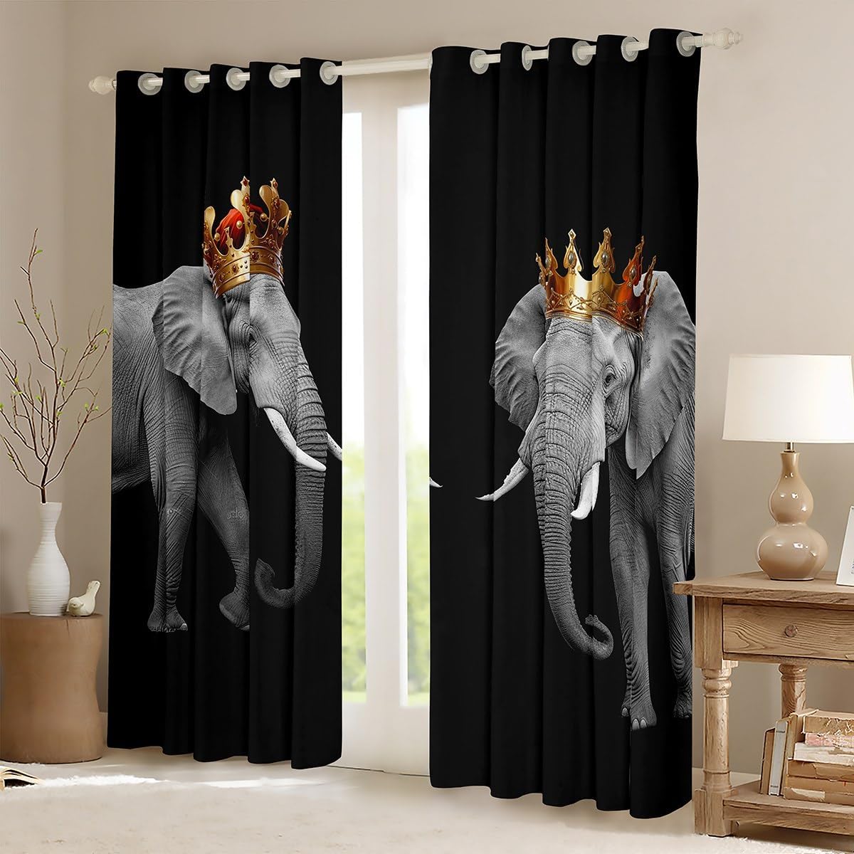 Homewish Elephant Couple Curtain Home Decor,3D African Tropical Wild Animal Blackout Window Curtains for Bedroom Decor,Golden King and Queen Crown Window Treatment Curtains for Kids, 52Wx96L inch