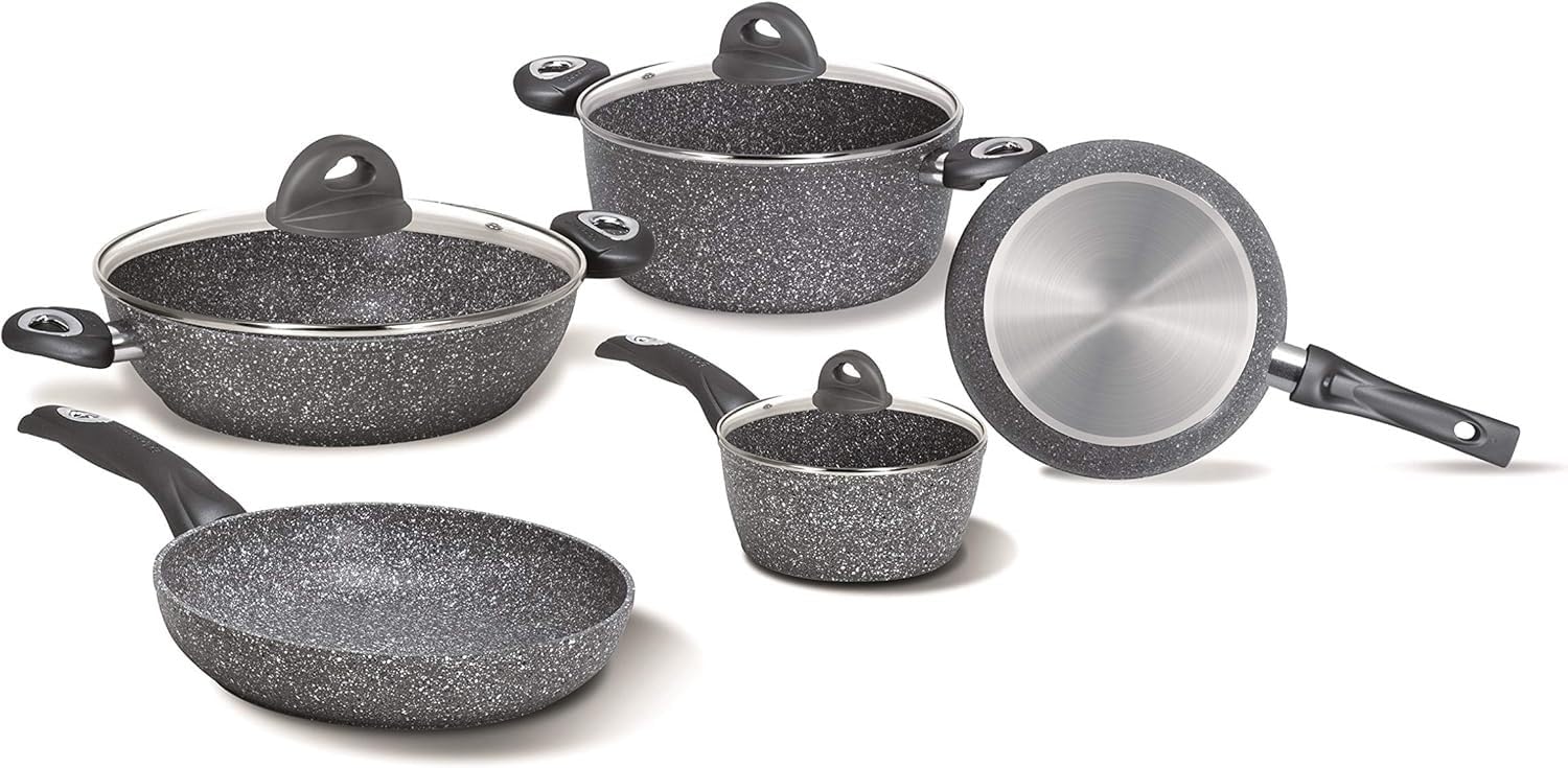 Madame Petravera 3.0, Batteria 8 pezzi, 2 padelle 20-24 cm, 2 casseruole 16-20 cm, 1 tegame 28 cm, 3 coperchi 16-20-28 cm, Ideale per Induzione, Full Induction, Grigio