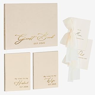 LITIVY Wedding Guest Book and Vow Book Set 5 Piece Premium Keepsake Kit with Linen Cover Gold Foil Memory Album Thank You Cards for Parents Complete Wedding Decor Essentials (Beige-with guest book, EST.2026)