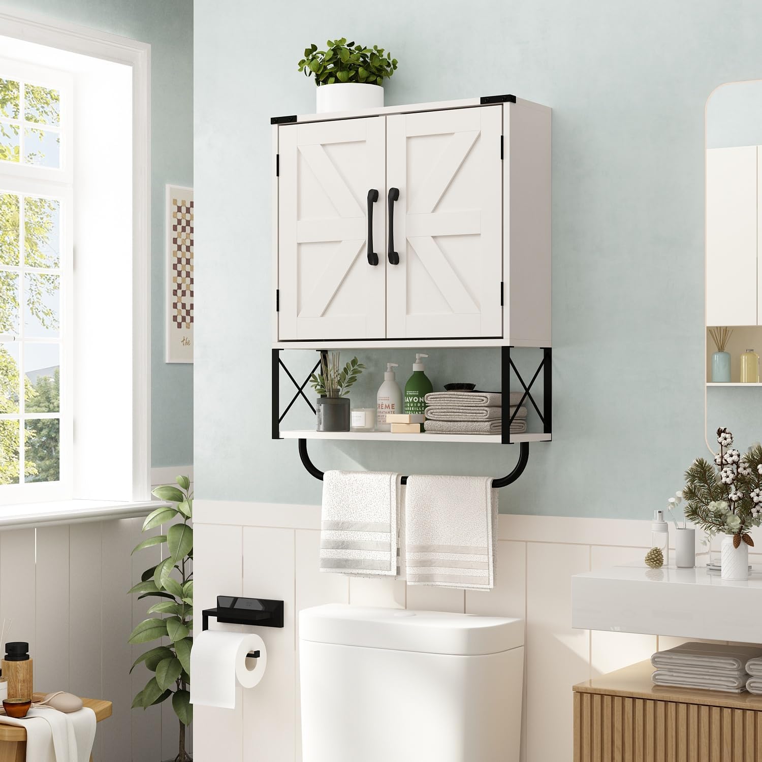 rustown farmhouse medicine cabinet with 2 barn door, wood wall mounted storage cabinet with adjustable shelf and towel bar, 3-tier bathroom cabinet for bathroom, living room(vintage white, medium)