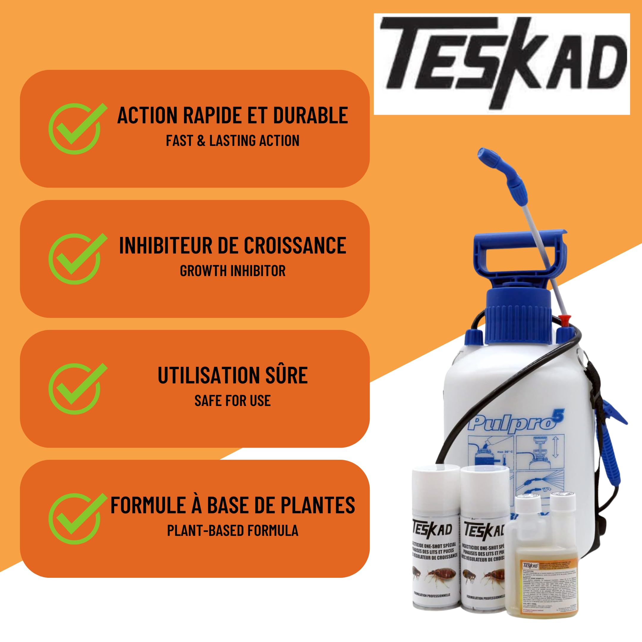 Traitement complet anti punaises de lit et puces pour logement jusqu'à 50m² Teskad | Pulvérisateur 5L + insecticide concentré 100 ml + 2 aérosols régulateur de croisssance