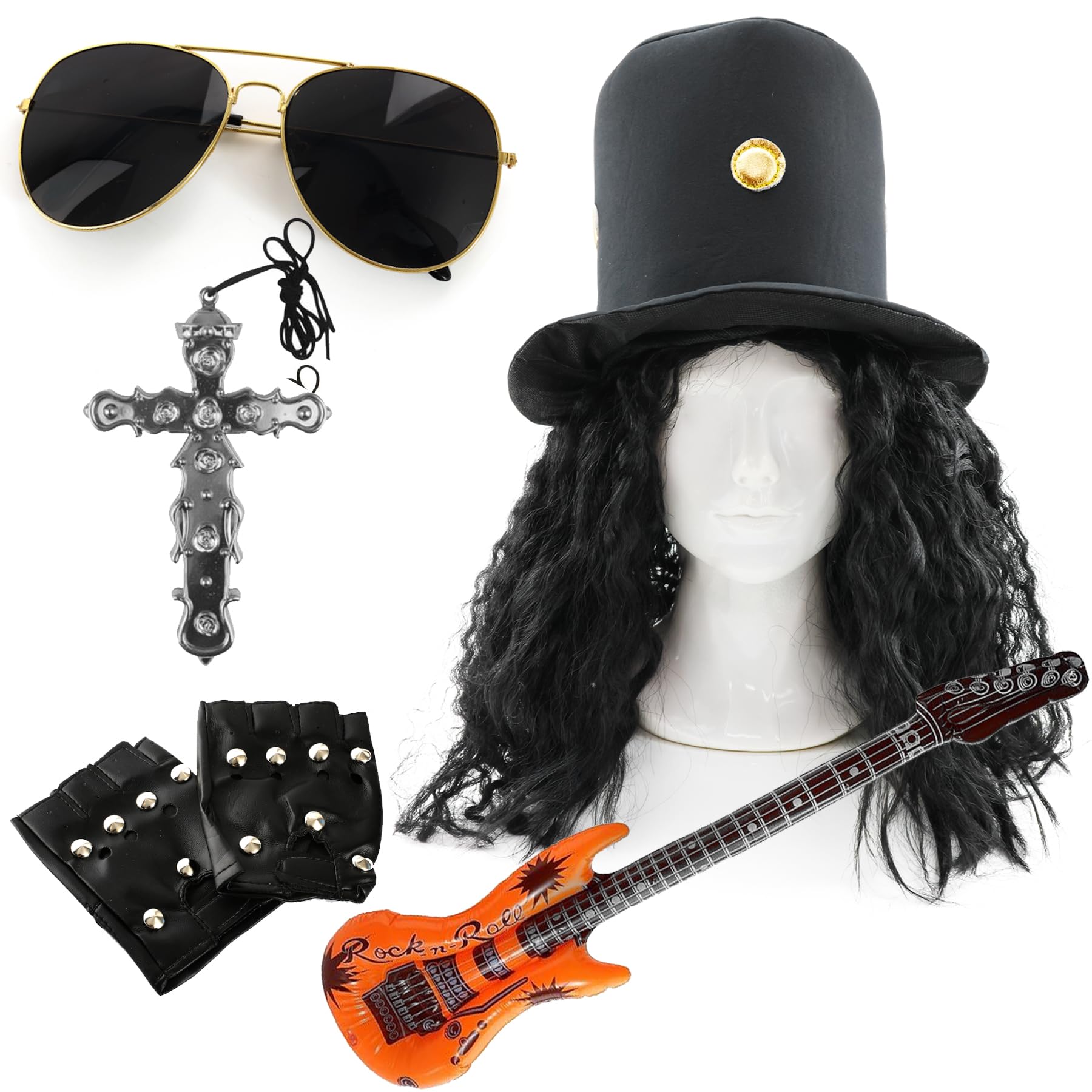 Ensemble d'accessoires d'icône rock pour adultes – Chapeau haut de forme noir et doré, perruque noire, lunettes de soleil, croix argentée, gants sans doigts et guitare gonflable orange – Ensemble