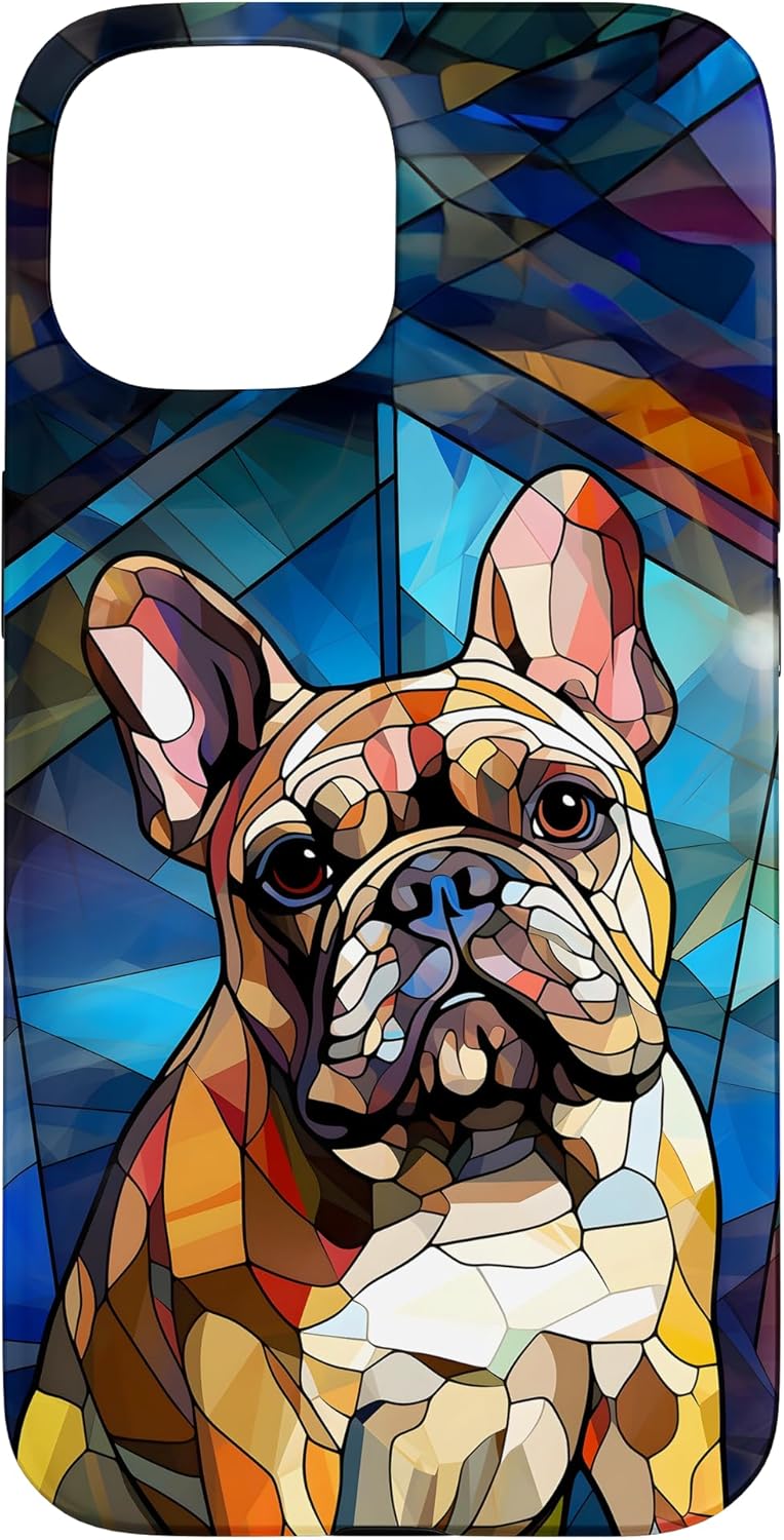 Colorful French Bulldog Stained Glass Pattern Case for iPhone 15 Pro