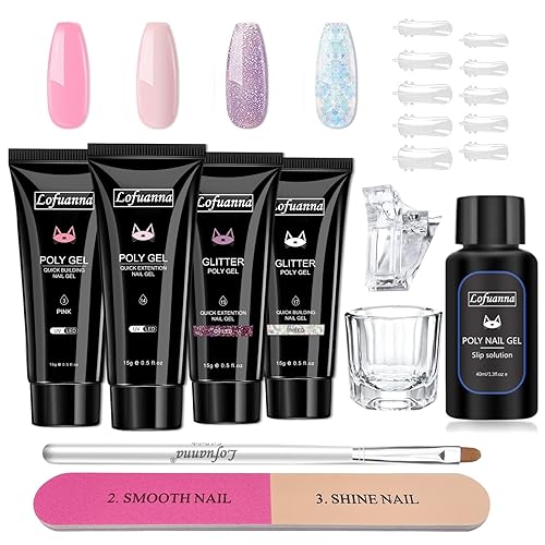 Lofuanna Kit de 4 piezas de gel de uñas de polietileno, color nude, rosa y morado con purpurina y purpurina transparente, gel de uñas postizas con