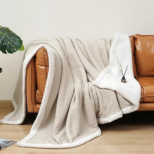 Miniatura 6 de PHF Manta Sherpa de punto gofre, tamaño Queen, 90 x 90 pulgadas, manta de franela de felpa de lujo para todas las estaciones, no se desprende, sin