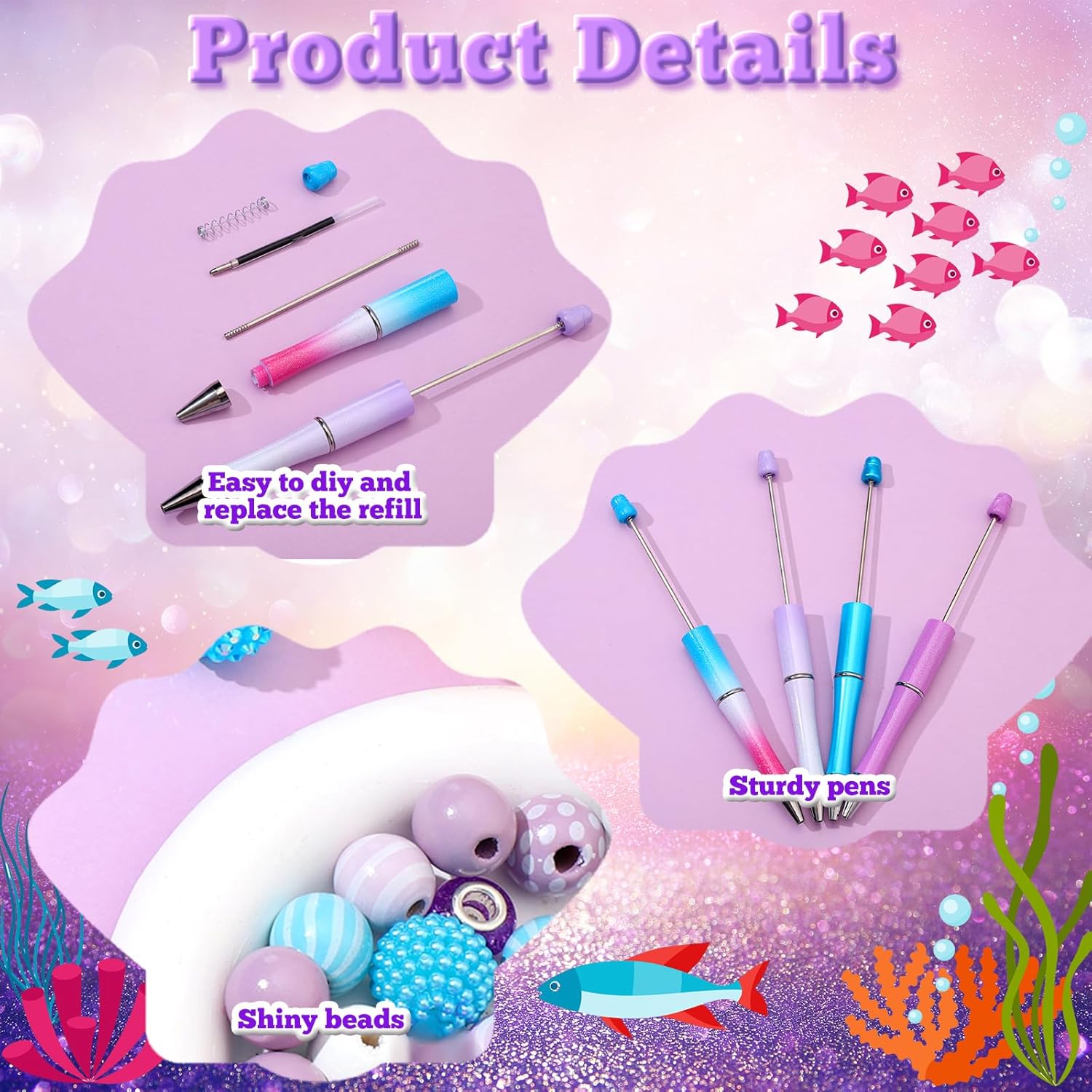 Yeaqee 24 Sets Mermaid Beadable Pens Plastic Bead Pens Assorted Beaded Pen Making Kit Multicolor Bubblegum Beads Crystal Spacer Beads Black Ink DIY Ballpoint Set for Women Students