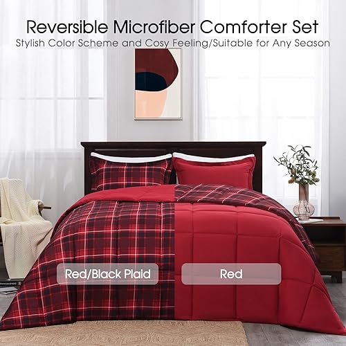 Miniatura 3 de Basic Beyond Juego de edredón tamaño individual, juego de edredón a cuadros rojos y negros, juego de edredón alternativo para todas las estaciones