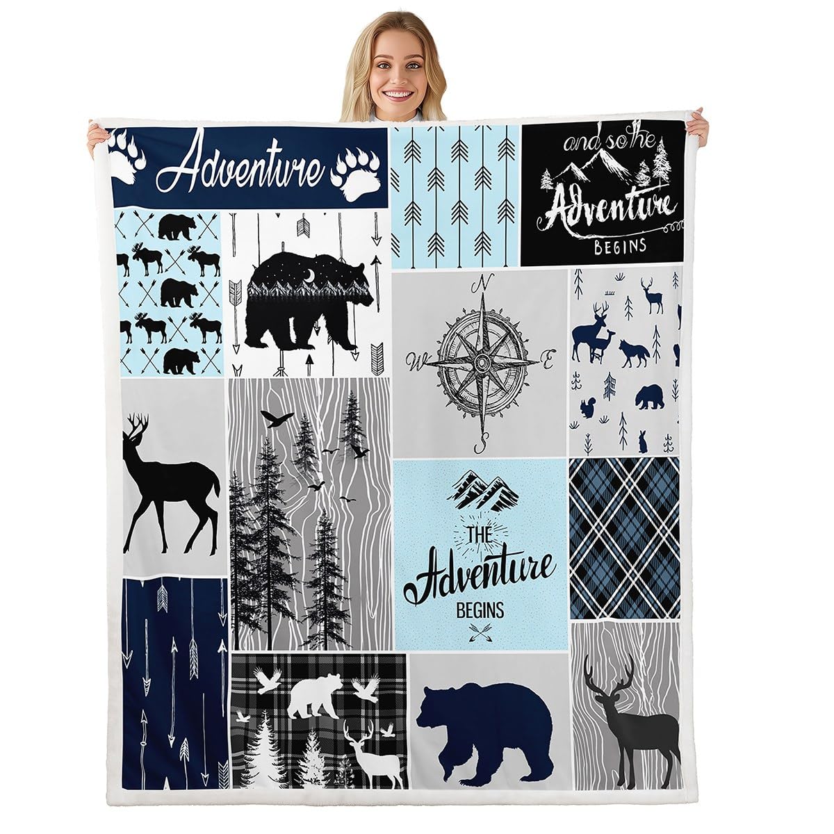 Rustic Patchwork Throw Blanket Throw Size, Deer Bear Fleece Blanket For Kids Teens Adult,Checkered Buffalo Plaid Sherpa Blanket Country Farmhouse