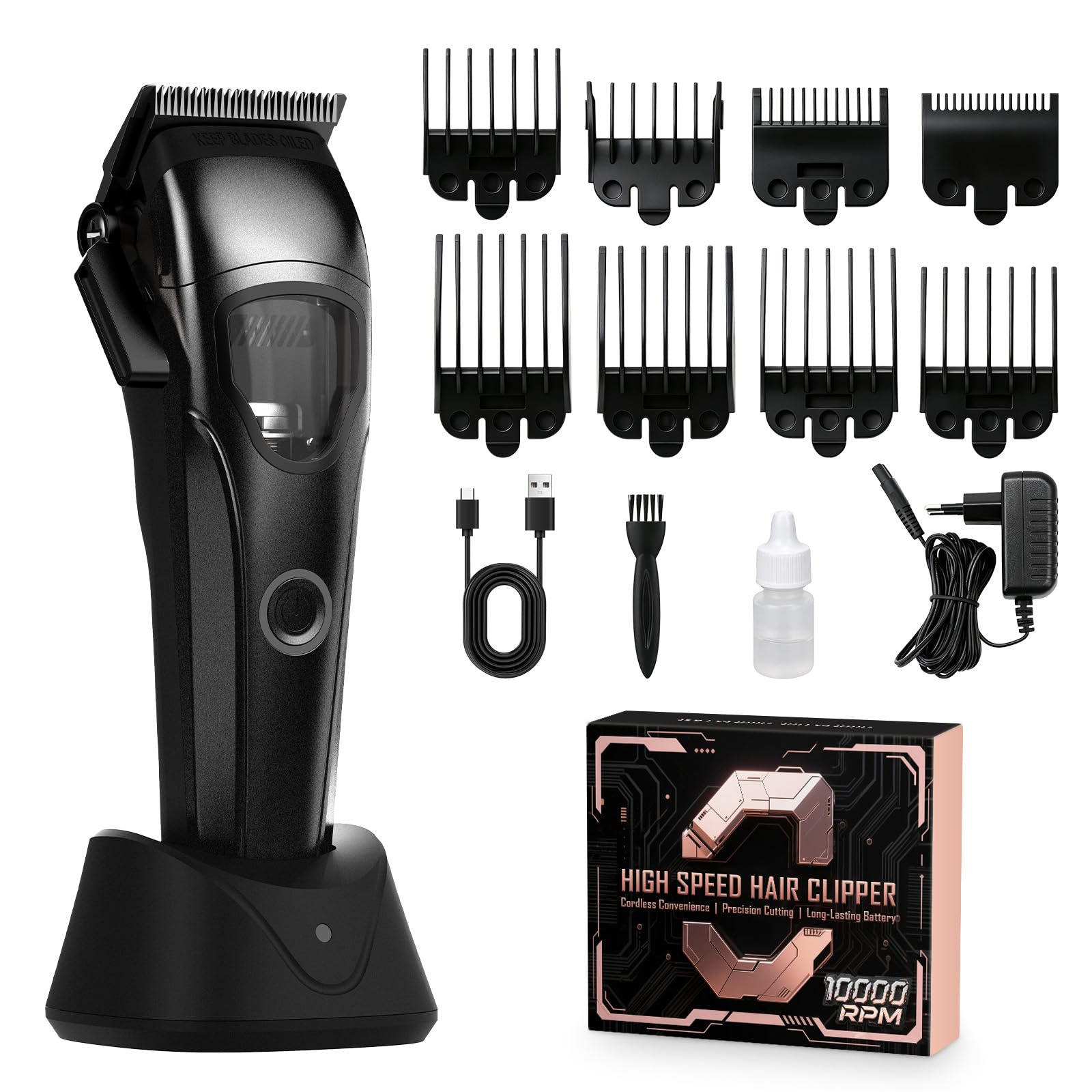 Rucha Akku Haarschneidemaschine Profi, 10.000 U/min Hochgeschwindigkeit Haarschneider Herren, Hair Clippers mit 8 Aufsteckkämme, 3 Std. Akkulaufzeit, für Haare, Bart & Körper, Zuhause & Barbershop