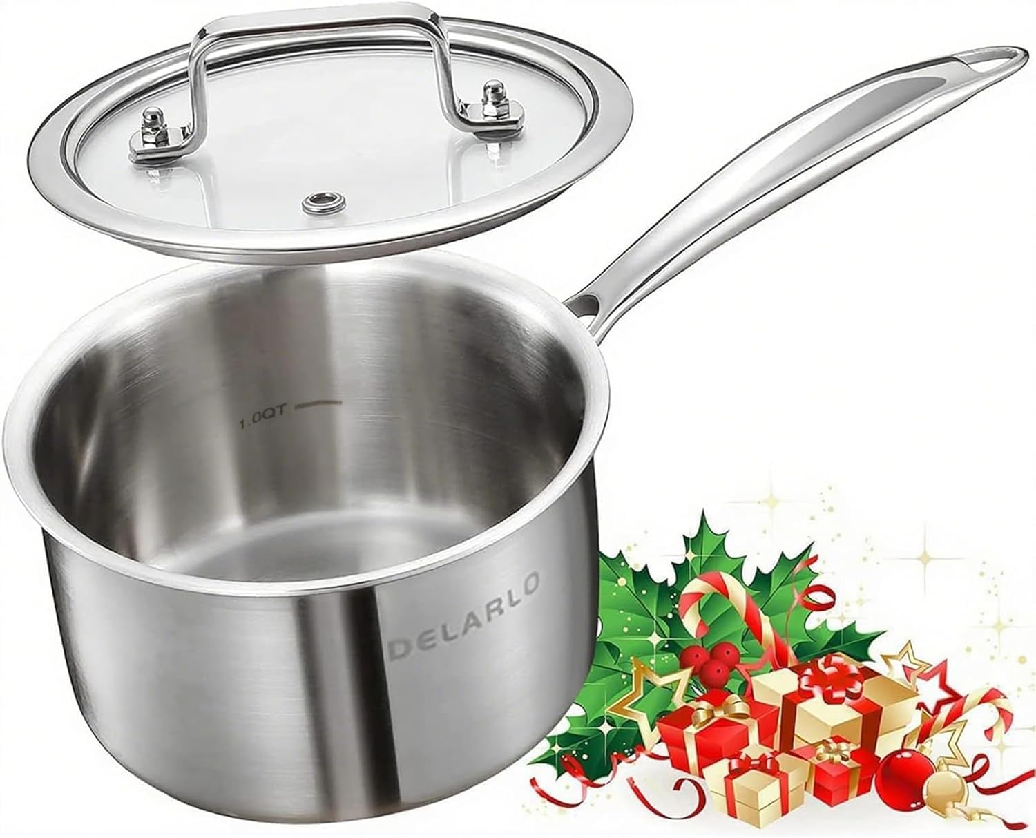 DELARLO Stielkasserolle 16 cm, 1,9 L Kochtopf mit Glasdeckel | Durchgehend 3-lagige Konstruktion, Gleichmäßiges Erhitzen, für alle Herdarten, Kühlbleibender Griff & Spülmaschinenfest