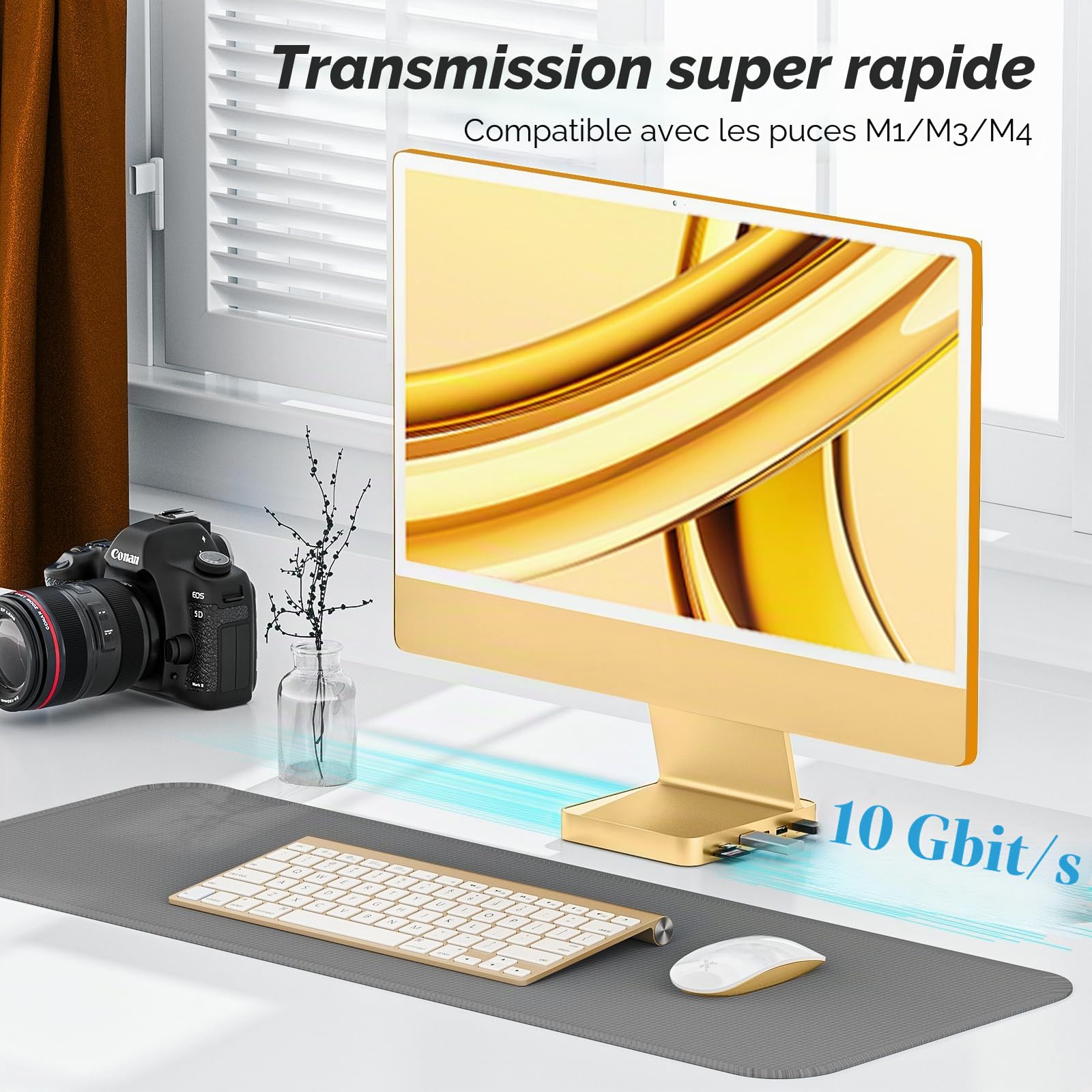 Minisopuru Hub USB C pour iMac 24 Pouces 2021/2023/2024, Hub USB i Mac avec M.2 NVMe SSD, Accessoires iMac pour iMac M1/M3/M4, Adaptateur USB iMac avec 10 Gbit/s, SD/TF, SSD M.2 (Non Inclus), Jaune.