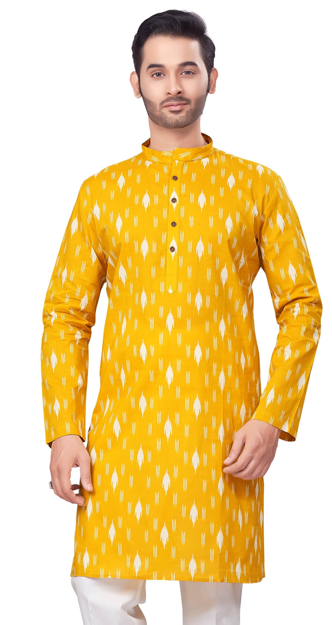 studio shringaar Men's Haldi Yellow Mustard 100% Cotton Block Printed Knee Length Kurta (186)-picture-32