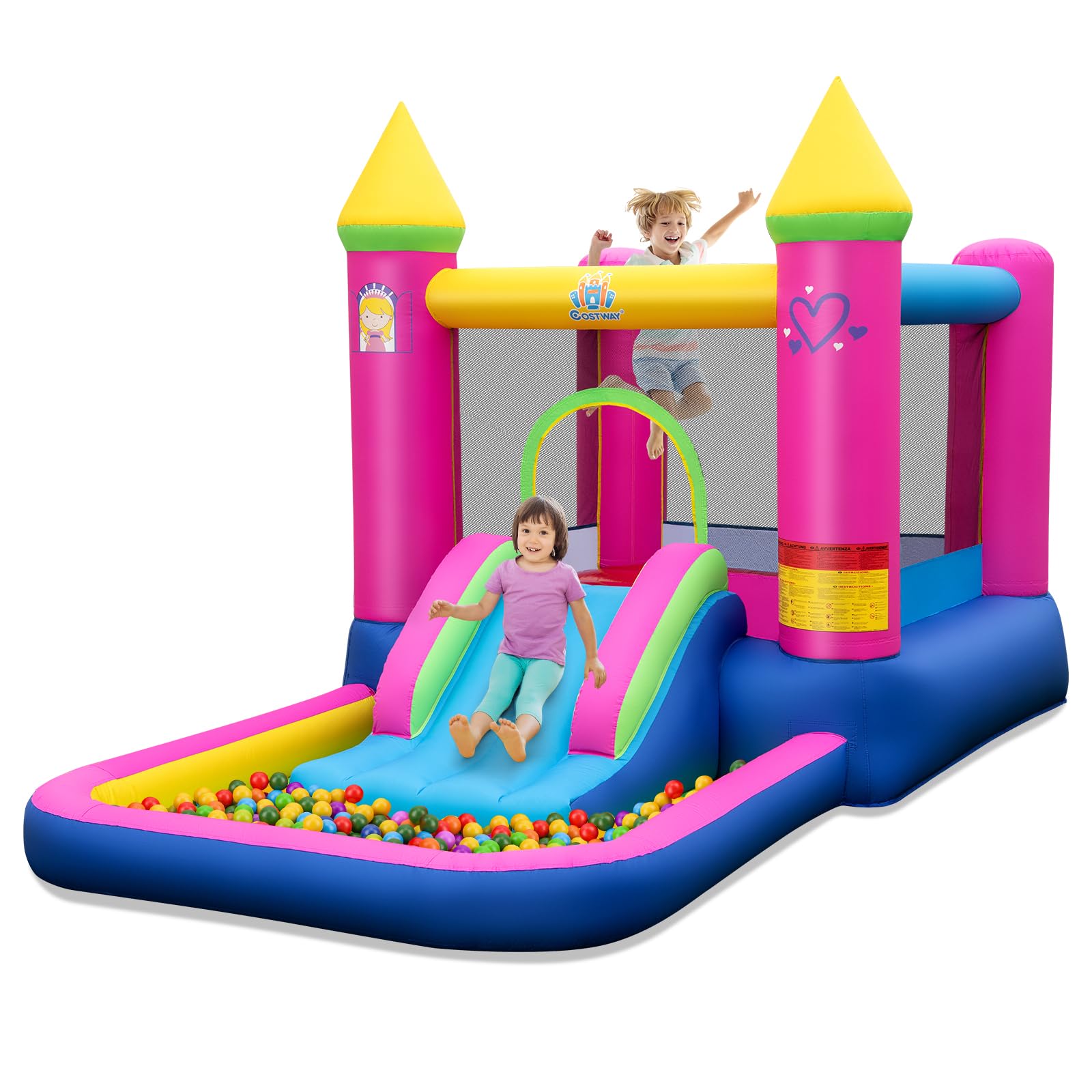 COSTWAY Hüpfburg mit Rutsche, Sprungbereich, Bällebad & Basketballkorb, für Indoor und Outdoor, inkl. Tragetasche, Reparaturset, 363 x 202 x 205 cm