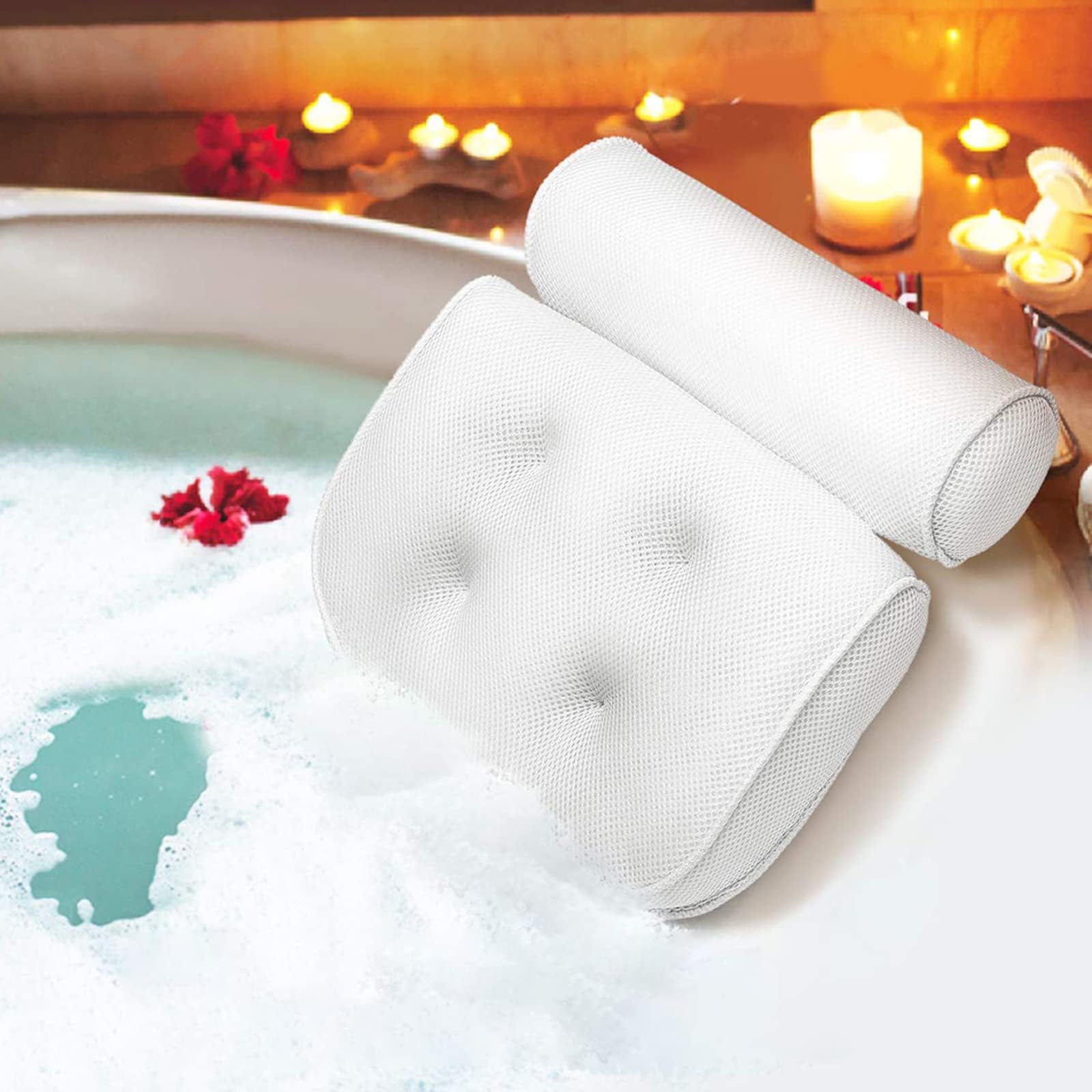 Oreiller De Bain En Maille Respirante Avec 6 Ventouses - Forme Papillon Ergonomique - Lavable Machine - 39x40 Cm - Blanc