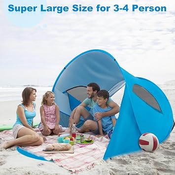4 Person Sun Shelter for Beach, Light Weight Boat Shape Beach Awning Blue White (87 x 62.9 x 46.4) (L x W x H)