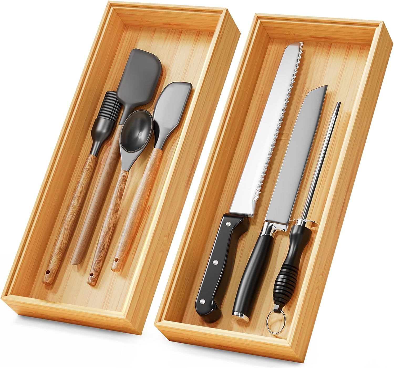 Bamboo Kitchen Drawer Organizer Boxes – 15" x 6" Stackable Wood Silverware Utensil Tray for Drawers Bins, Cutlery & Flatware Storage – Wooden Organizers Set of 2 for Junk Drawer, Bathroom, RV