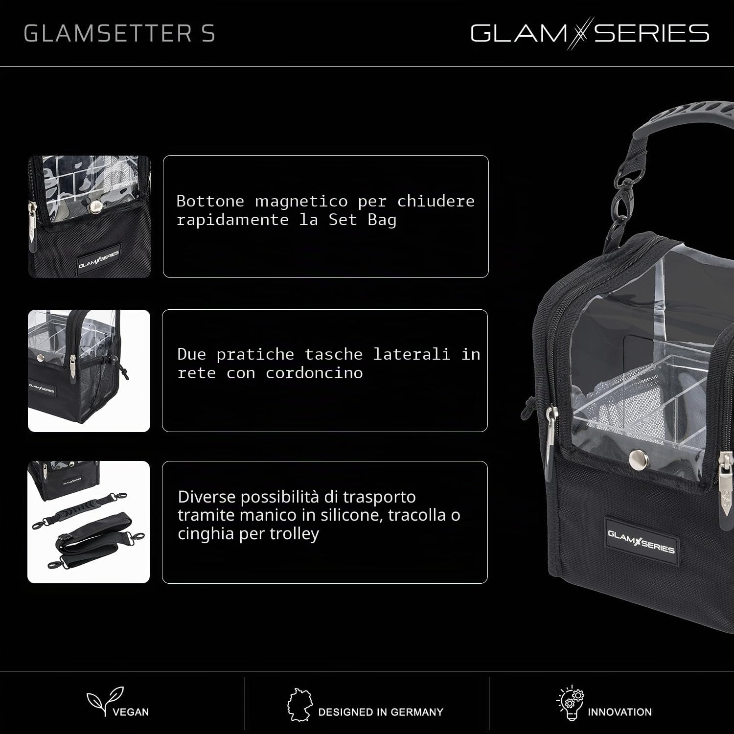 GlamSetter S Borsa per trucco 175 x 165 x 230 mm, beauty case trasparente con diverse opzioni di trasporto