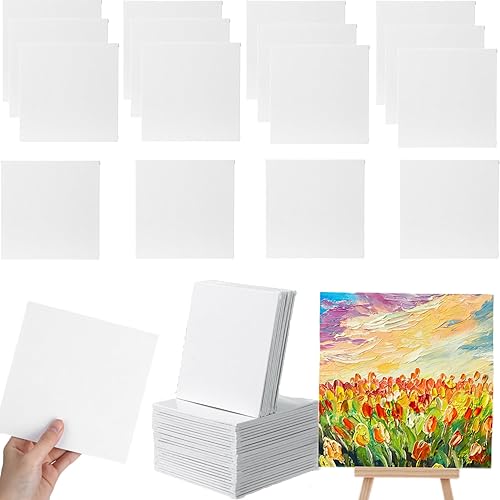 Yeaqee 50 Pcs Mini Painting Canvases Stretched Canvases Panels Square Blank White Small Canvas Boards for Oil, Acrylic Watercolor Paint Painting