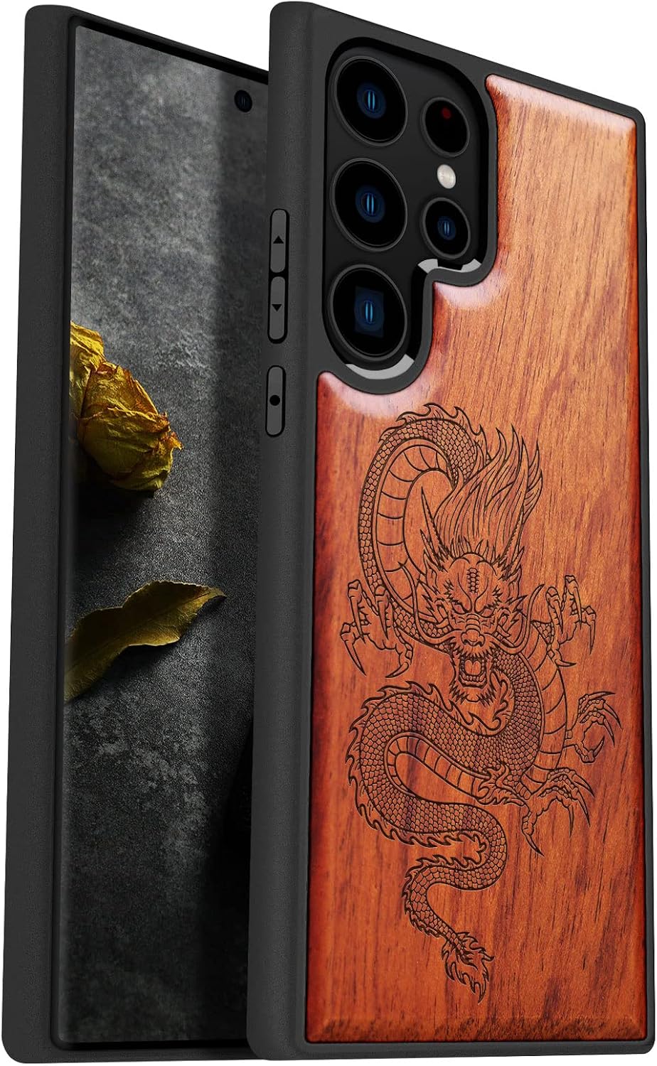 Carveit Wood Case for Galaxy S23 Ultra Case [Natural Wood & Black Soft TPU] Shockproof Protective Cover Unique & Classy Wooden Design Compatible with Samsung S23 Ultra (Dragon Carving-Walnut)