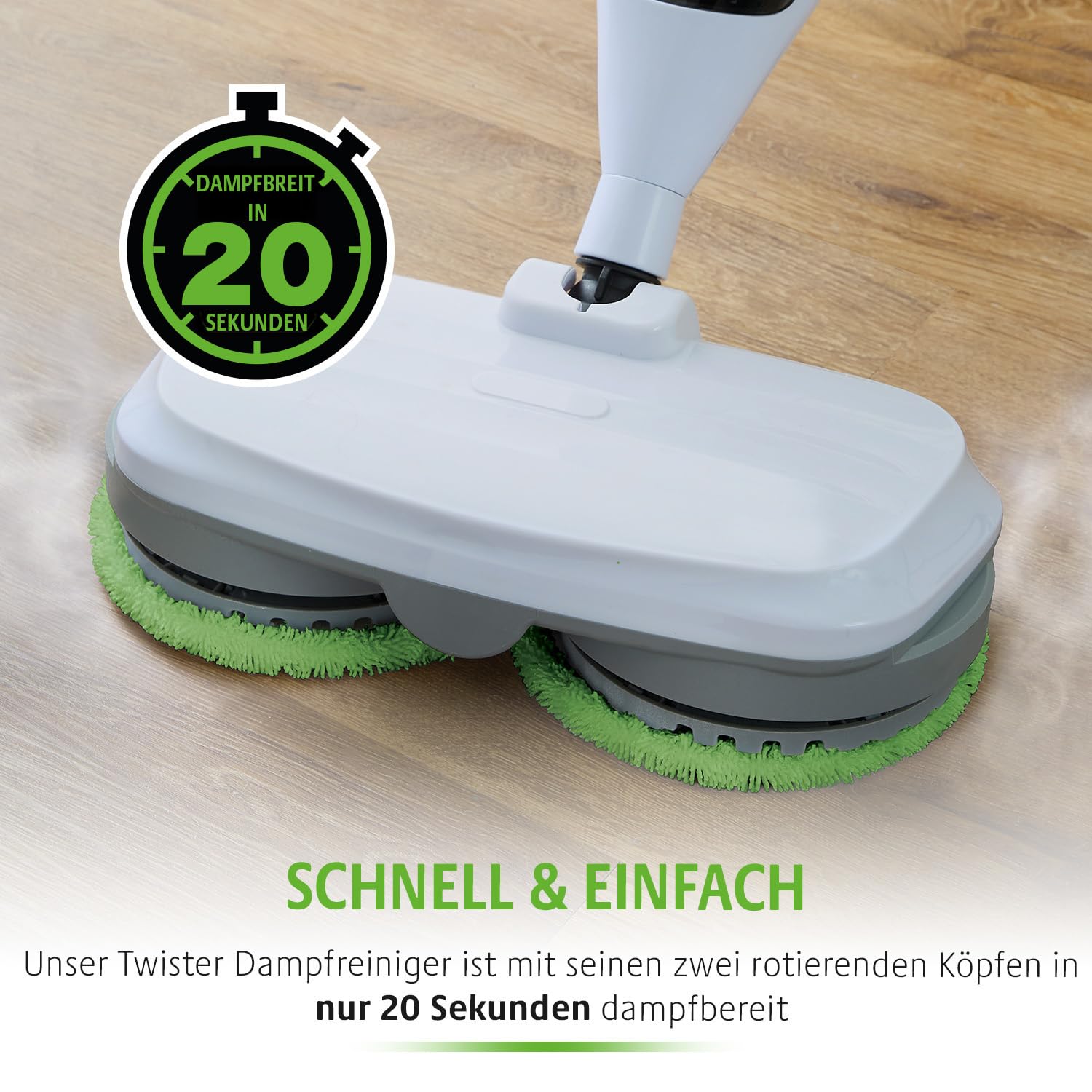 3 PAGEN® Rotierender Dampfreiniger Mop 2-in-1 inkl. 10-tlg. Zubehör – 1300W Steam Twister Mopp Bodenwaschmaschine + Handdampfreiniger in einem – Reiniger für Böden, Bad, Fugen, Flächen, Polster & mehr