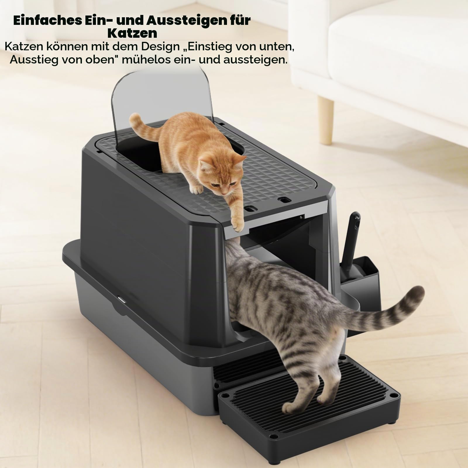 Sfozstra Geschlossene Edelstahl-Katzentoilette mit erhöhten Rändern: auslaufsicher geruchsneutral - leicht zu reinigen & Kratzfest - Für kleine bis große Katzen, für Schlafzimmer Balkon in Schwarz