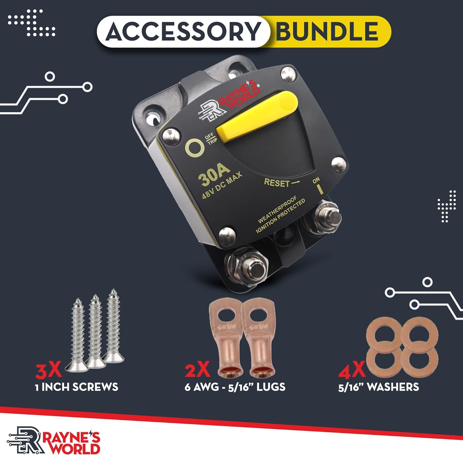 Rayne's World 30 Amp Heavy Duty Circuit Breaker DC 12-48V with Connection Kit - Car Audio, Marine, Truck, Trolling Motor, Stereo, RV, Solar Power