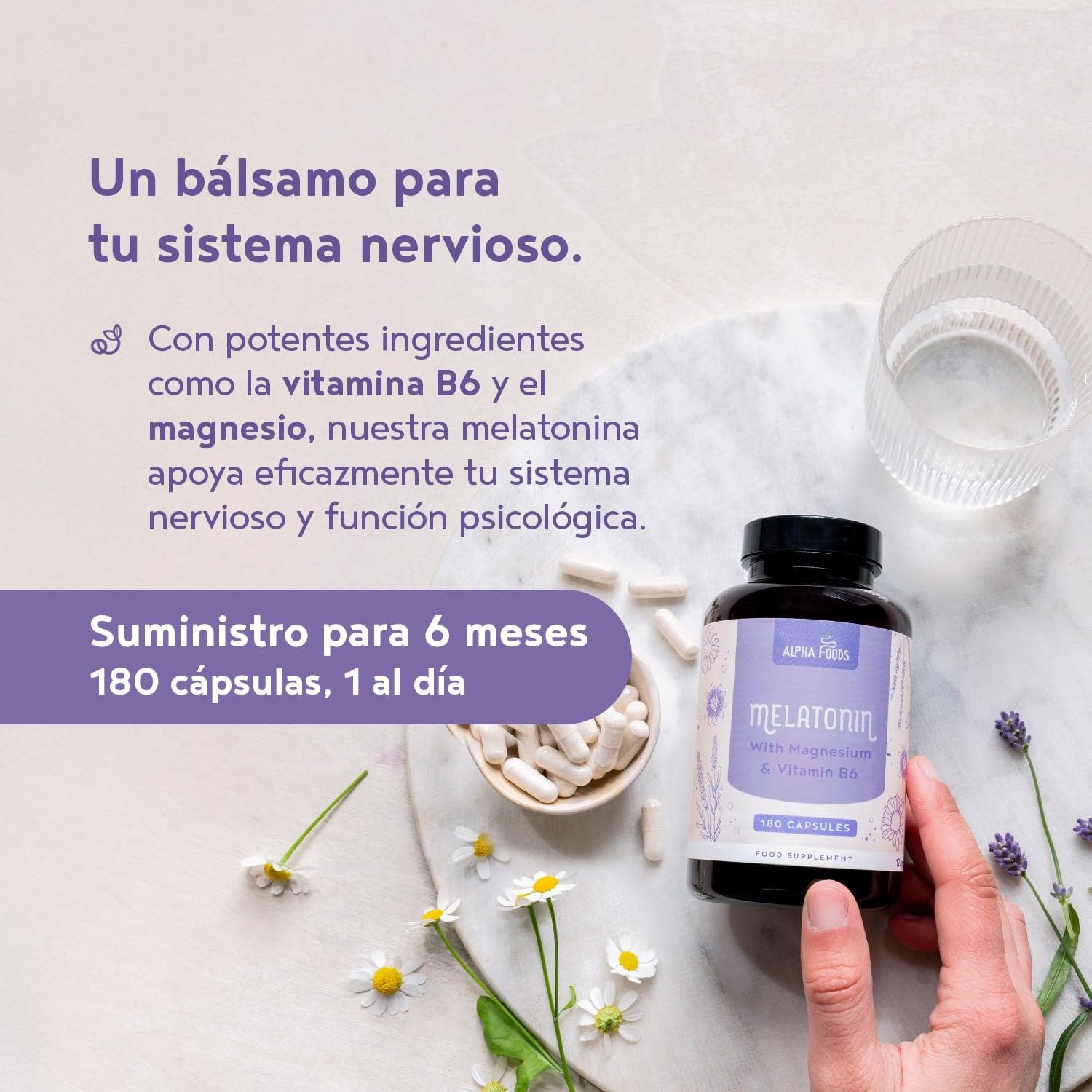 Melatonina 0.5 mg | 180 Cápsulas | con Magnesio, Triptófano, Pasiflora, Lavanda, Manzanilla y Vitamina B6 | para Dormir Bien y Ayudar con el Insomnio | Favorece un sueño saludable | Alpha Foods