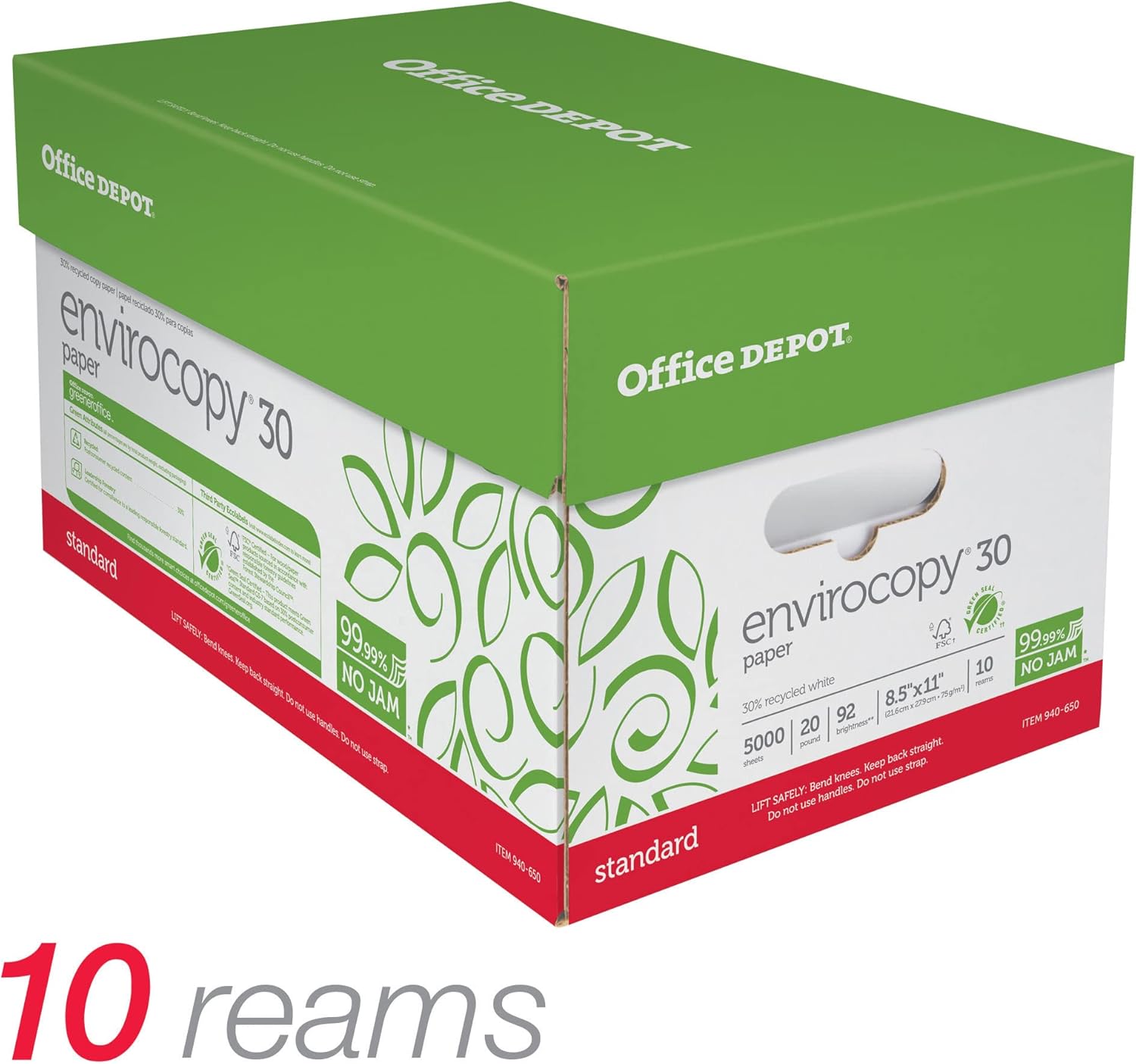 Office Depot EnviroCopy 30 Paper, 8 1/2in x 11in, 20 Lb, 30% Recycled, FSC Certified, 500 Sheets Per Ream, Case Of 10 Reams, 651001OD