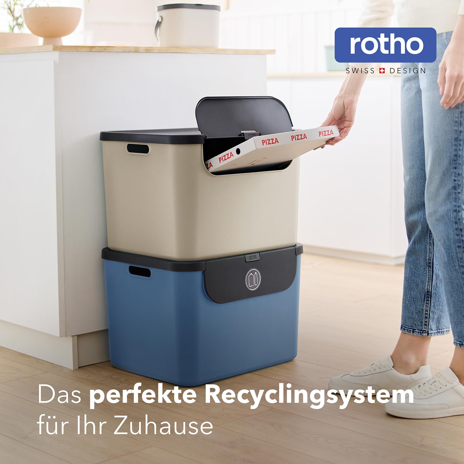 Rotho Albula Mülleimer Küche Mülleimer 3 Fächer 3 x 55 L Set Anthrazit | Papierkorb, Abfalleimer Küche, Mülleimer mit Deckel, Rotho Mülleimer 3er-Set, Tragegriffe, frontal zu öffnen, 6 Aufkleber