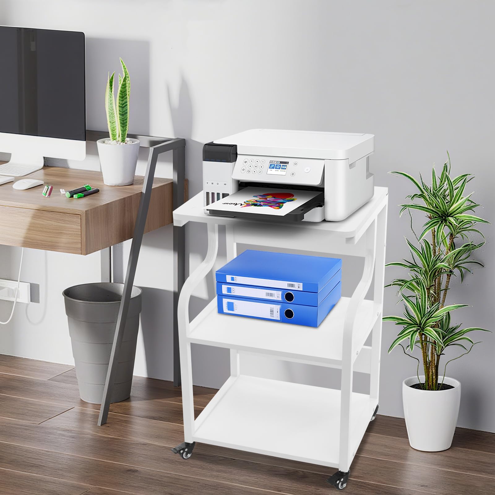 Supporto per stampante con ruote e 3 livelli, scrivania per stampante in acciaio e legno, regolabile in altezza e capacità di carico 80 kg, ideale con freni per ufficio e ufficio (bianco)