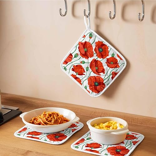 Miniatura 6 de Paquete de 2 soportes para ollas para cocina, flores de amapola naranja, a prueba de calor, con lazo para colgar, soportes para ollas calientes para