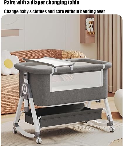 Miniatura 8 de PandaEar Moisés plegable para bebé, cuna portátil con ruedas y cambiador de pañales, cama infantil de altura ajustable, cocama para recién nacidos,