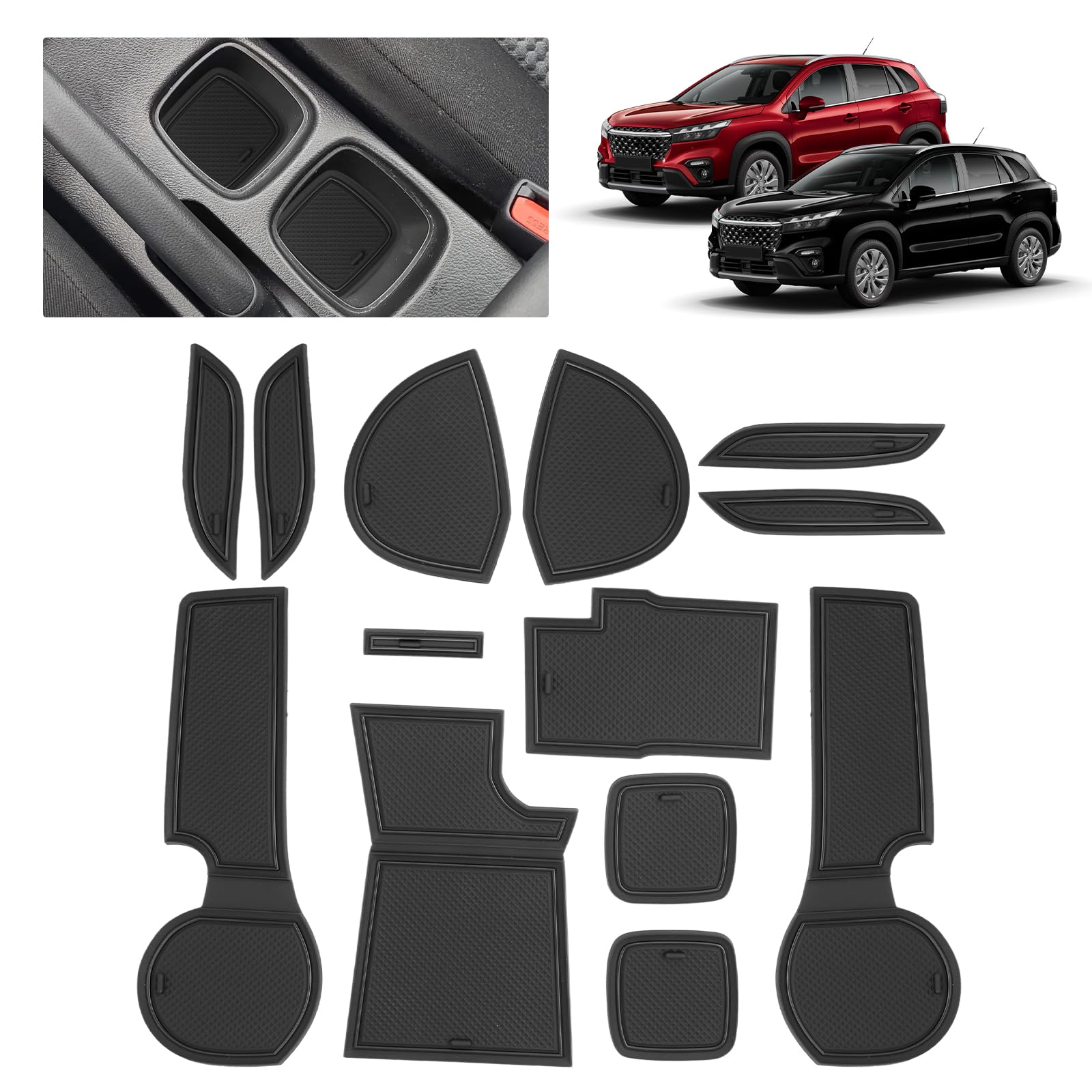 Tappetini Antiscivolo per Suzuki S-Cross III 2021 2022 2023 2024 2025 2026, Suzuki S Cross Hybrid 4x4 Tappetini in Gomma per Console, Portabicchieri, Vani Portaoggetti delle Portiere (Nero)